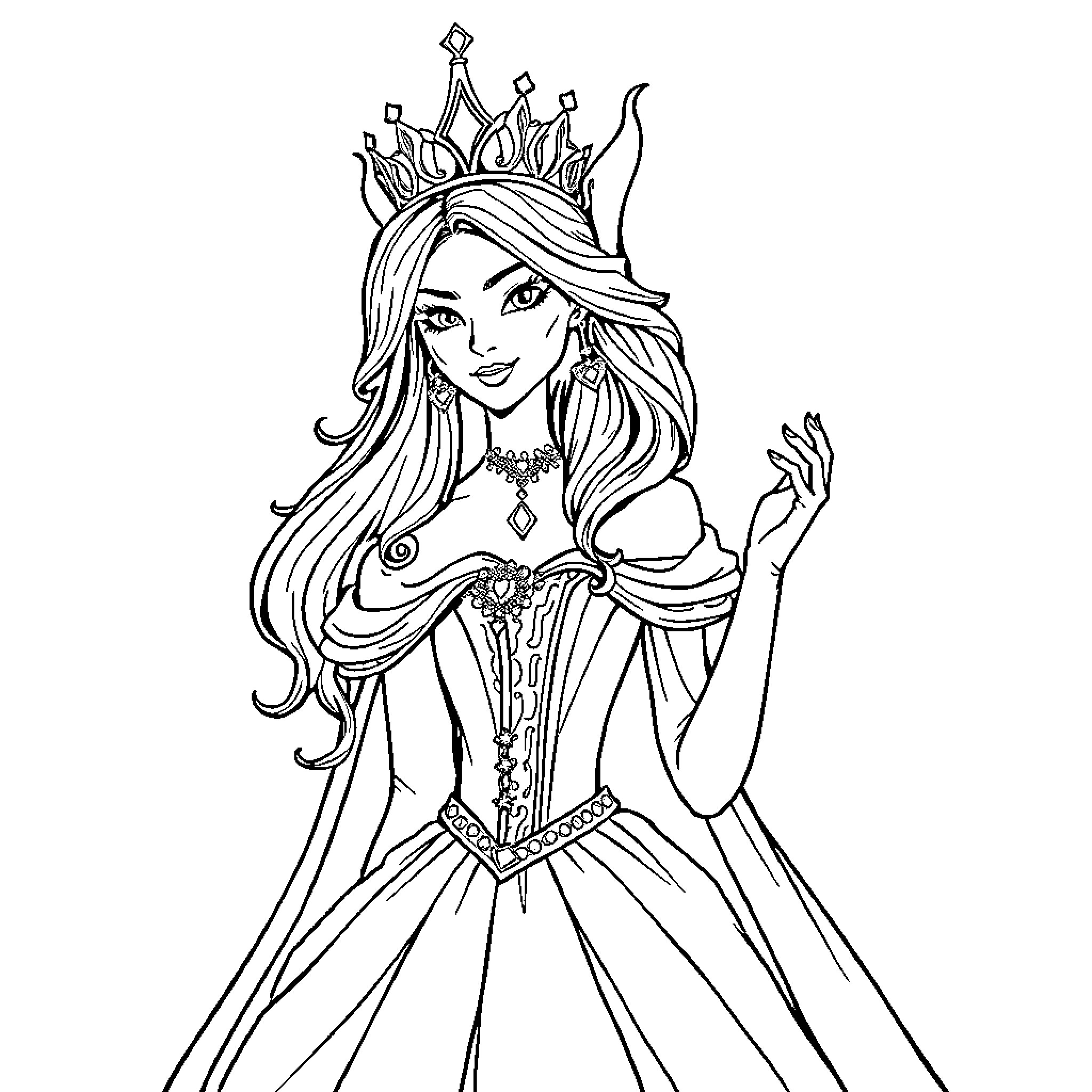 Sorcière in Regal Attire and Crown Coloring Page (free black-and-white line drawing printable PDF for all, from beginners to advanced learners, including children, teens, adults, and seniors)