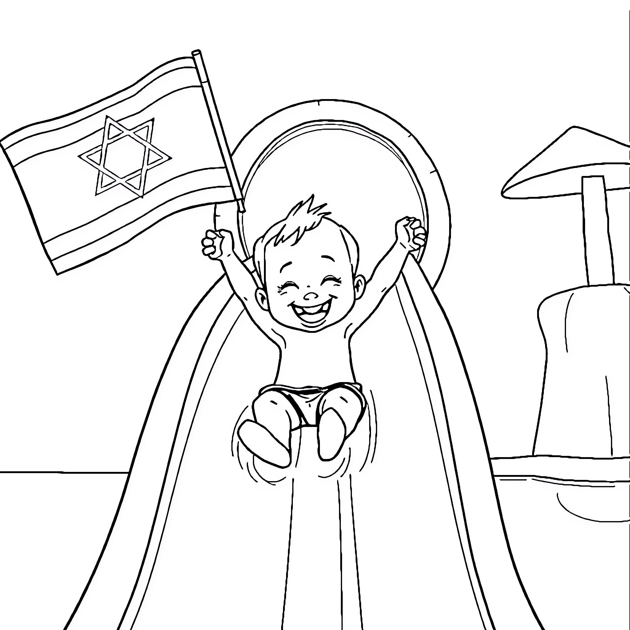 Baby celebrating with Israeli flag Coloring Page (free black-and-white line drawing printable PDF for all, from beginners to advanced learners, including children, teens, adults, and seniors)