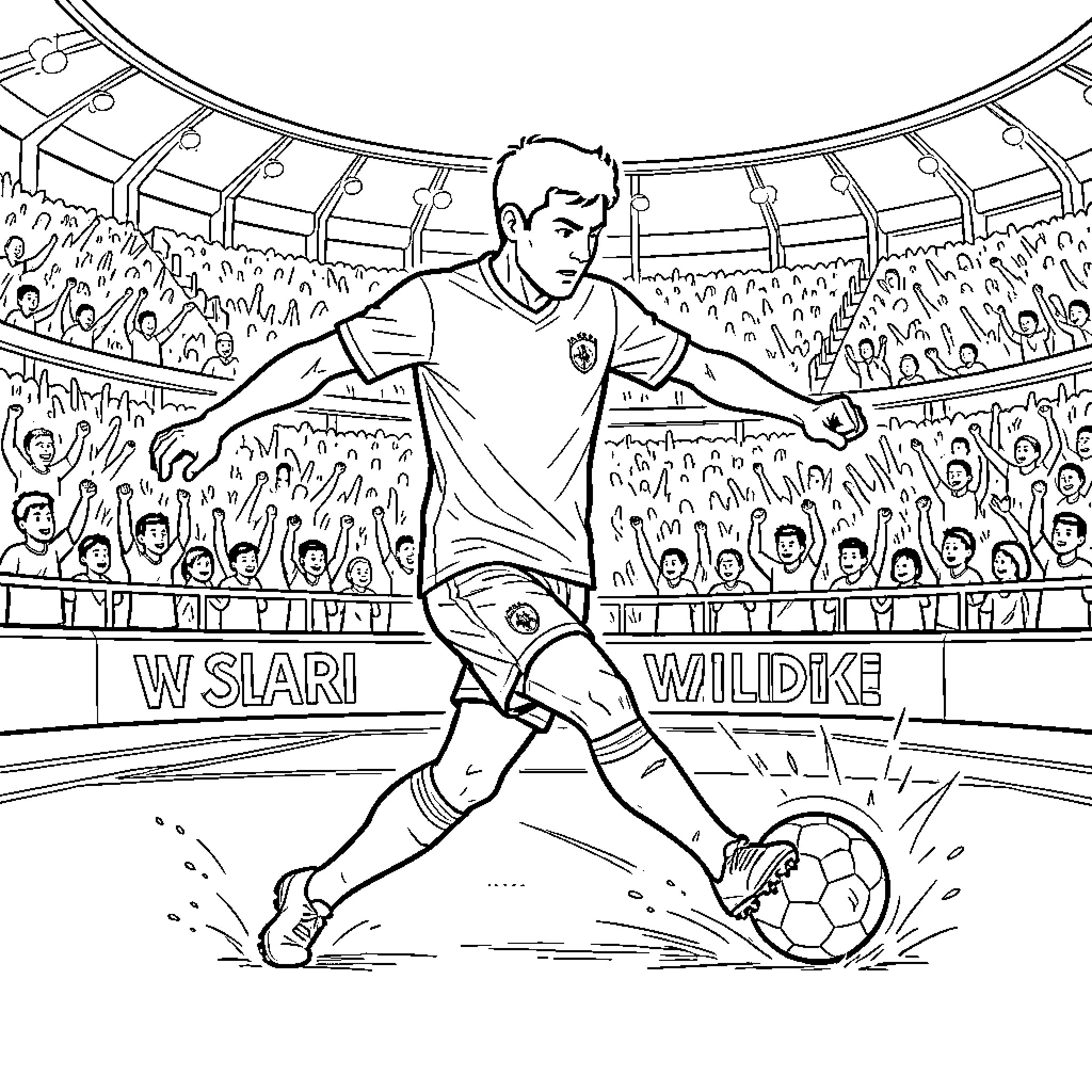 Futbol player kicking ball in front of cheering crowd Coloring Page (free black-and-white line drawing printable PDF for all, from beginners to advanced learners, including children, teens, adults, and seniors)