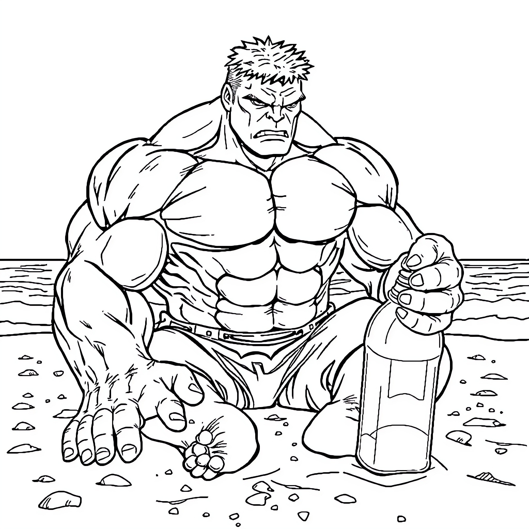 Hulk Unleashing Strength on the Beach Coloring Page (free black-and-white line drawing printable PDF for all, from beginners to advanced learners, including children, teens, adults, and seniors)