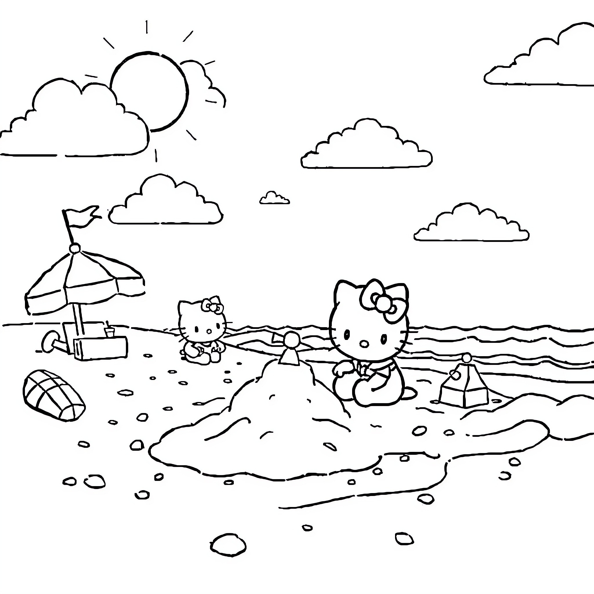 Hello Kitty enjoying a day at the beach Coloring Page (free black-and-white line drawing printable PDF for all, from beginners to advanced learners, including children, teens, adults, and seniors)