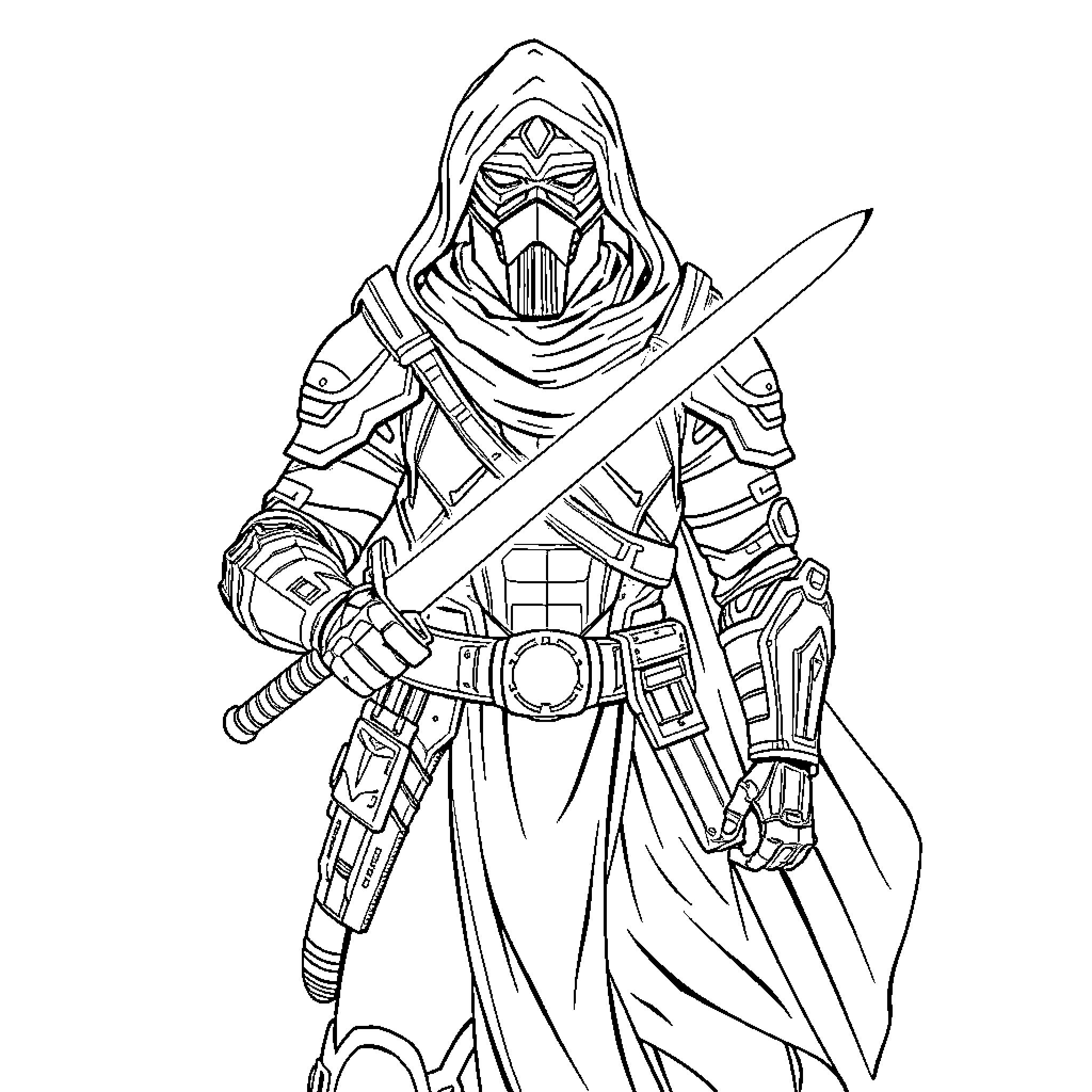 Warrior wielding sword in mysterious robe Coloring Page (free black-and-white line drawing printable PDF for all, from beginners to advanced learners, including children, teens, adults, and seniors)