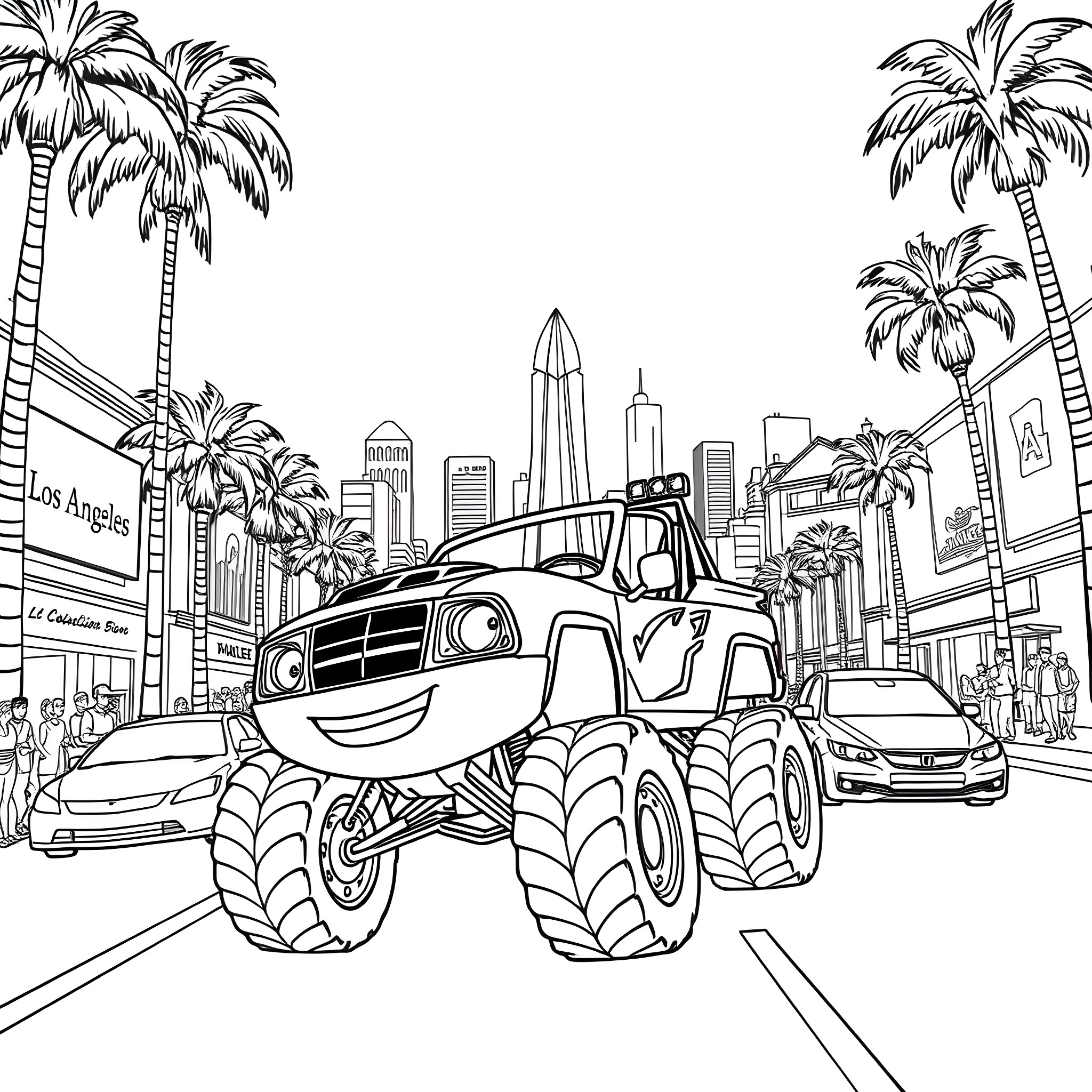 Blaze races through the city streets Coloring Page (free black-and-white line drawing printable PDF for all, from beginners to advanced learners, including children, teens, adults, and seniors)