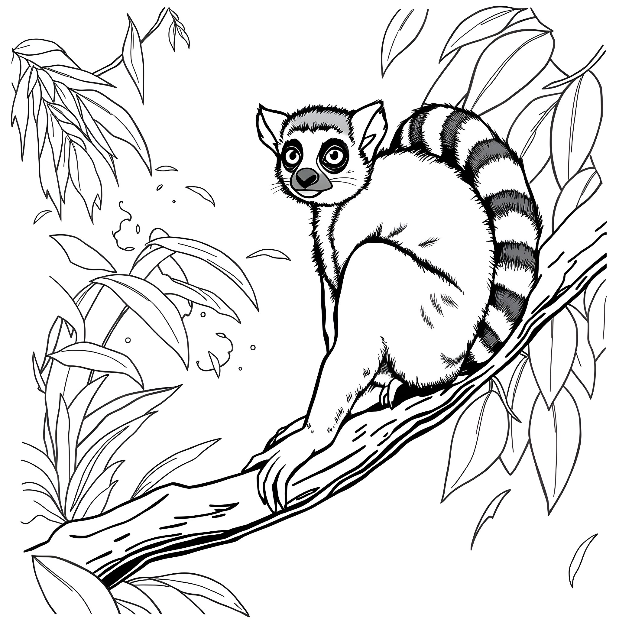 Lemur in the Lush Jungle Foliage Coloring Page (free black-and-white line drawing printable PDF for all, from beginners to advanced learners, including children, teens, adults, and seniors)