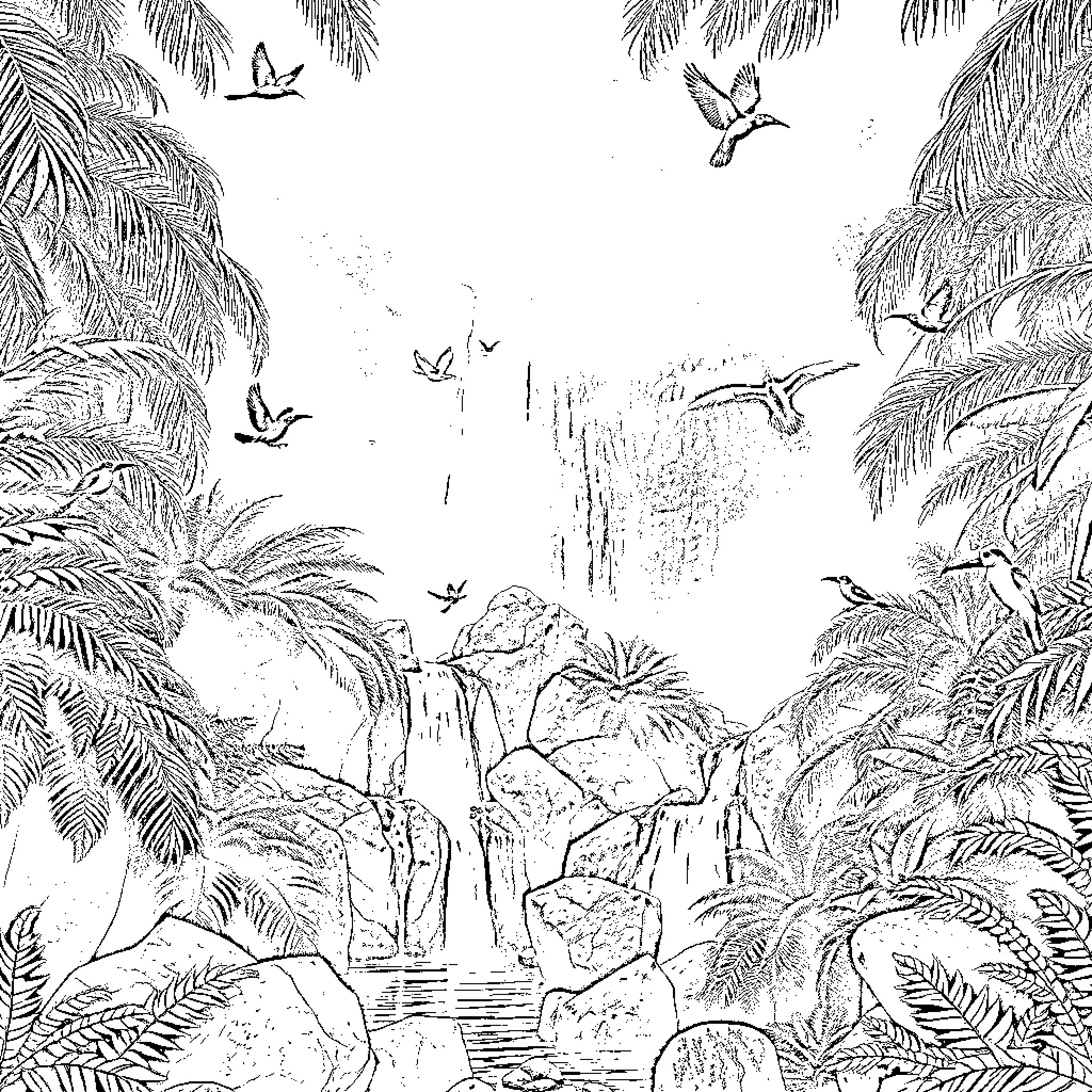 Waterfall amid lush tropical foliage and flying birds Coloring Page (free black-and-white line drawing printable PDF for all, from beginners to advanced learners, including children, teens, adults, and seniors)
