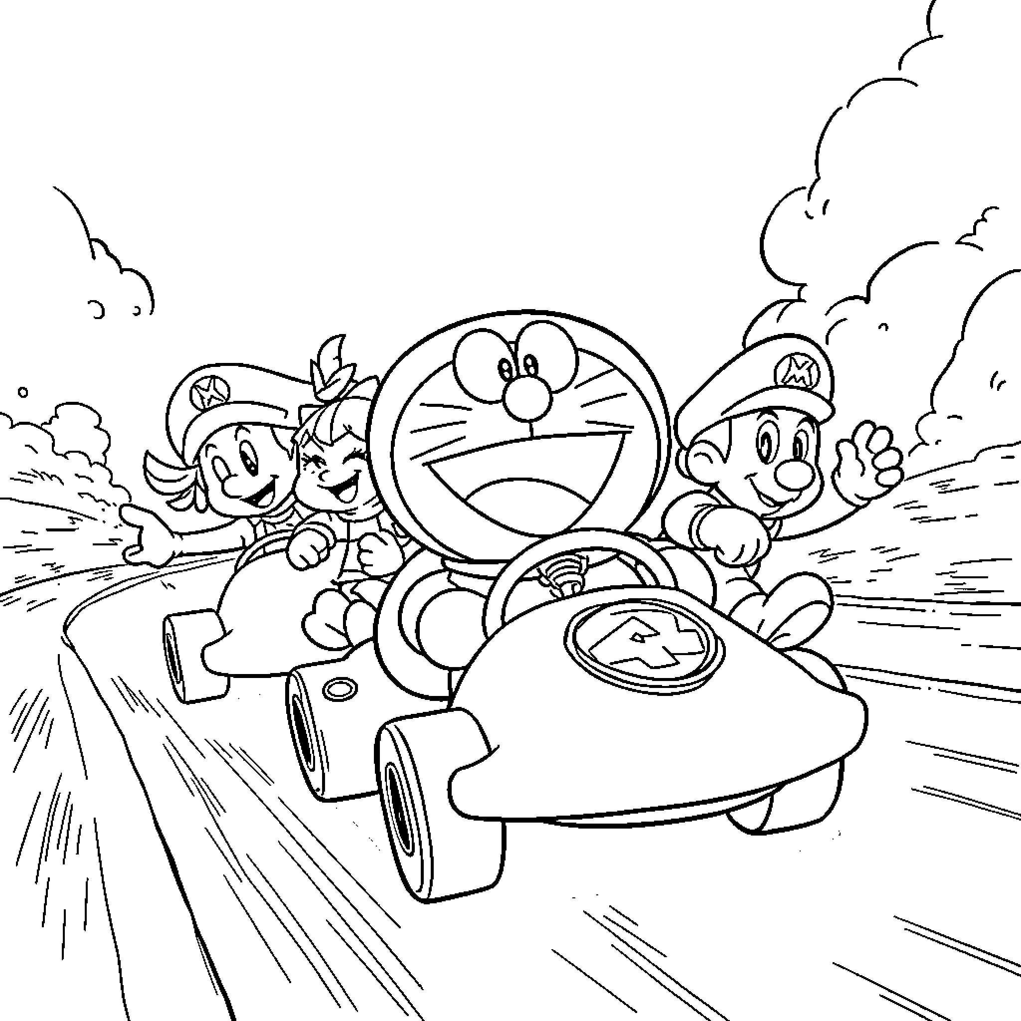Doraemon and friends on an adventure Coloring Page (free black-and-white line drawing printable PDF for all, from beginners to advanced learners, including children, teens, adults, and seniors)