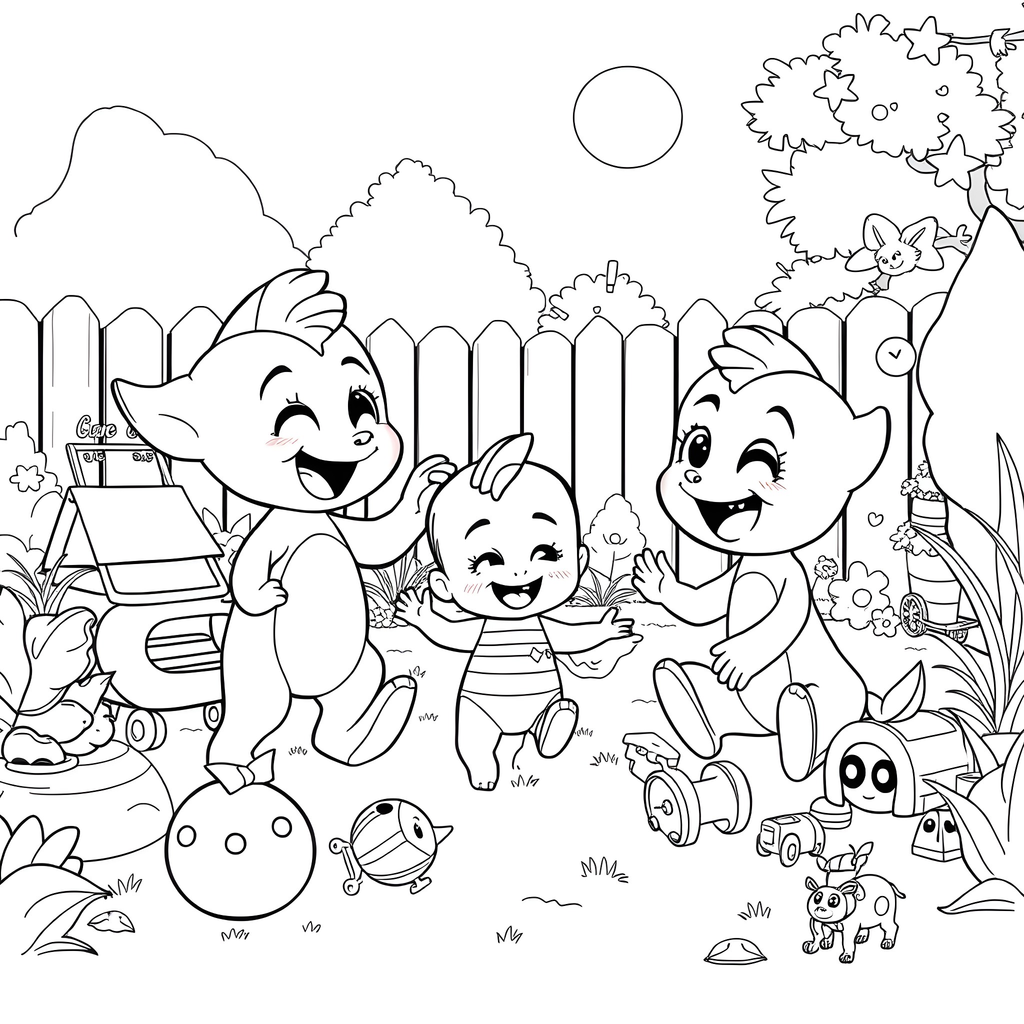 Bluey and friends enjoy a playful day outdoors Coloring Page (free black-and-white line drawing printable PDF for all, from beginners to advanced learners, including children, teens, adults, and seniors)