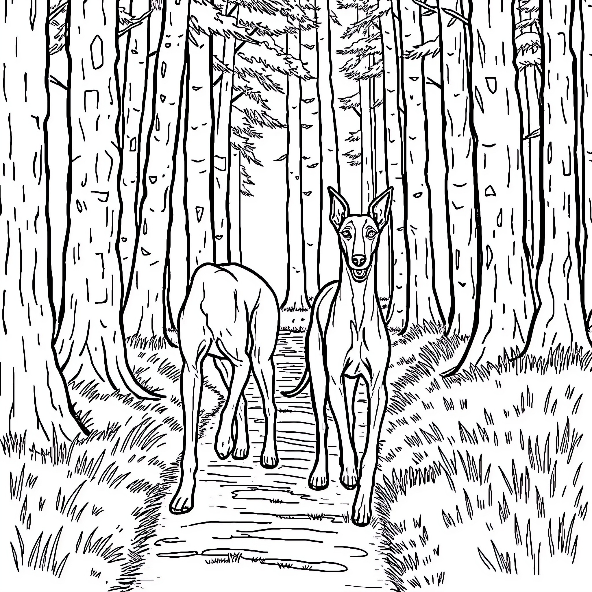 Italian Greyhound walking cautiously through the forest Coloring Page (free black-and-white line drawing printable PDF for all, from beginners to advanced learners, including children, teens, adults, and seniors)