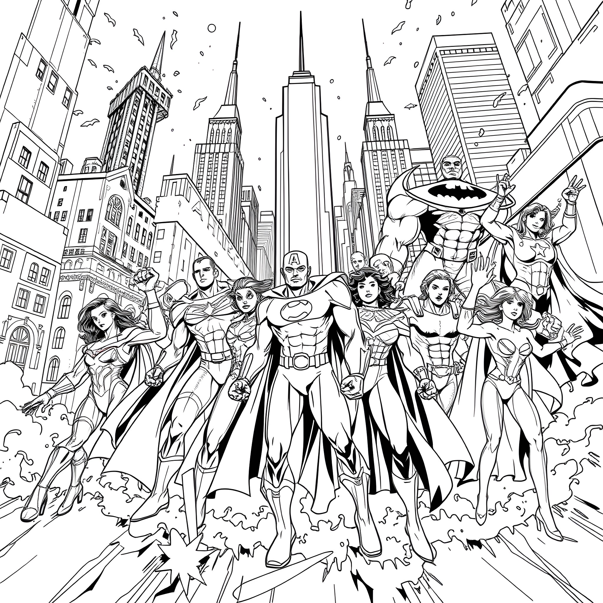 Marvel Superheroes Gather in the Bustling City Coloring Page (free black-and-white line drawing printable PDF for all, from beginners to advanced learners, including children, teens, adults, and seniors)