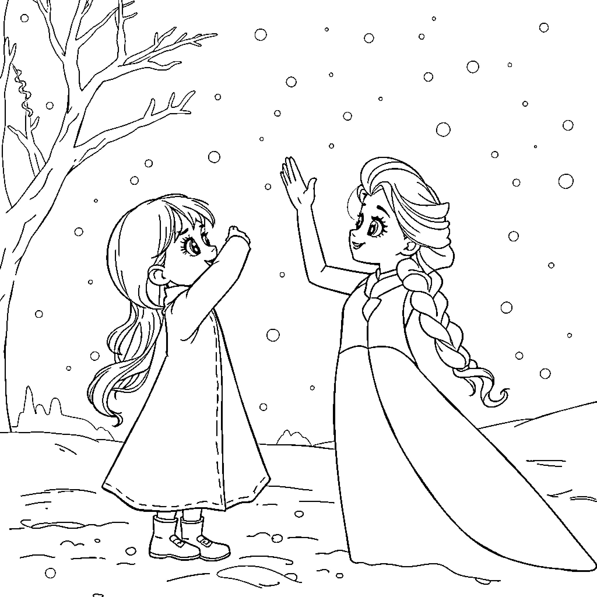 Girl and young woman play in winter wonderland Coloring Page (free black-and-white line drawing printable PDF for all, from beginners to advanced learners, including children, teens, adults, and seniors)