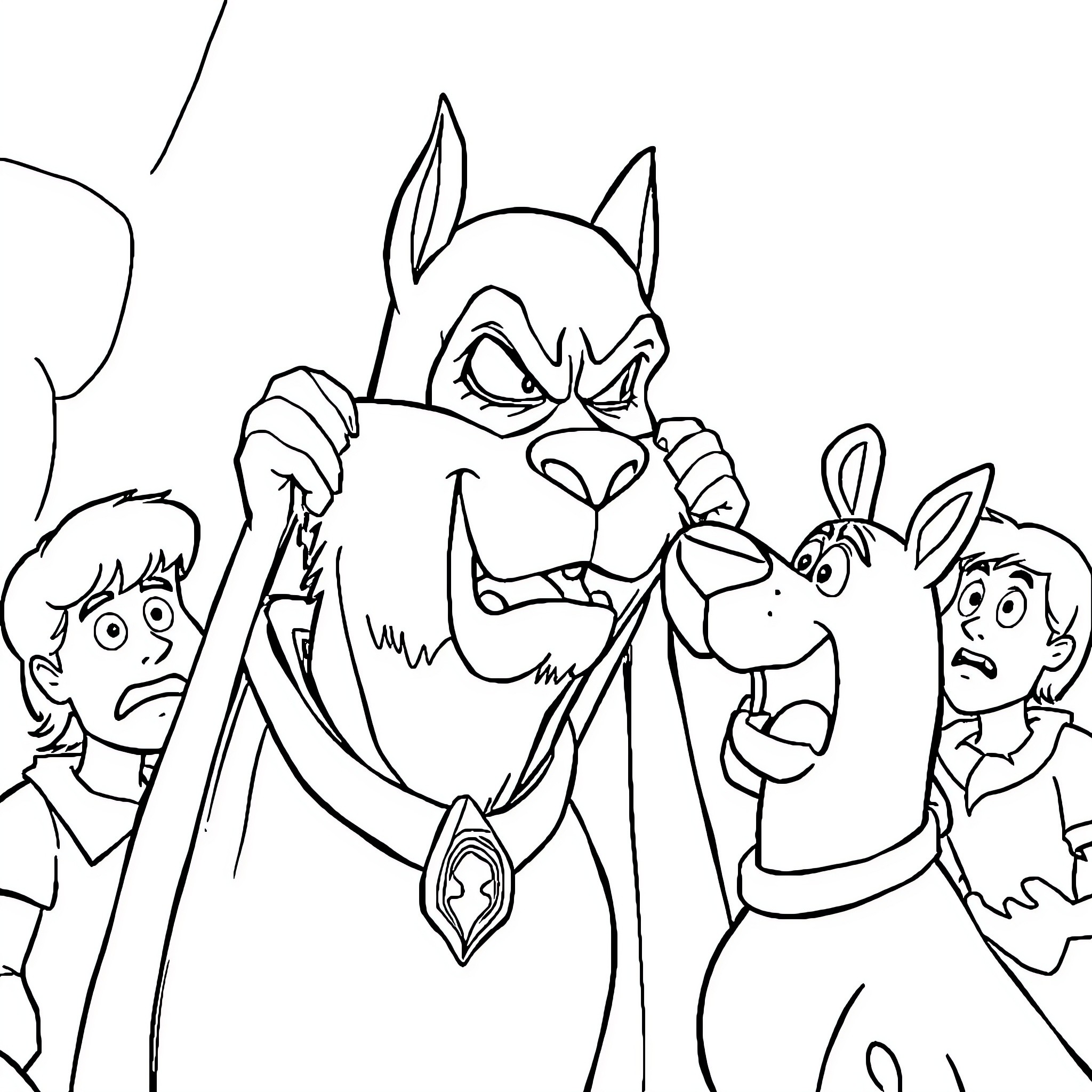 Scooby Doo and Friends in Spooky Adventure Coloring Page (free black-and-white line drawing printable PDF for all, from beginners to advanced learners, including children, teens, adults, and seniors)