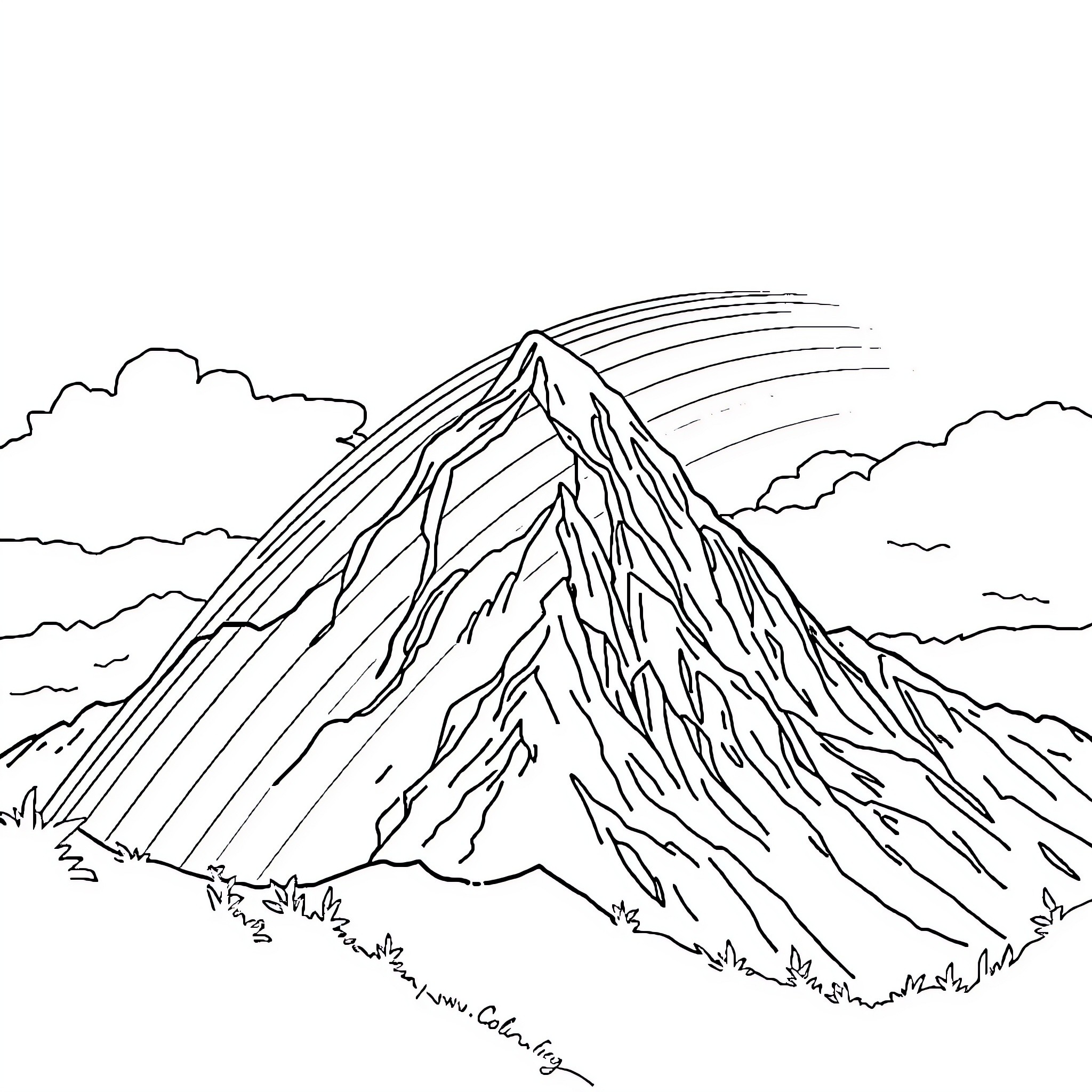 Rainbow Mountain Landscape with Clouds Coloring Page (free black-and-white line drawing printable PDF for all, from beginners to advanced learners, including children, teens, adults, and seniors)