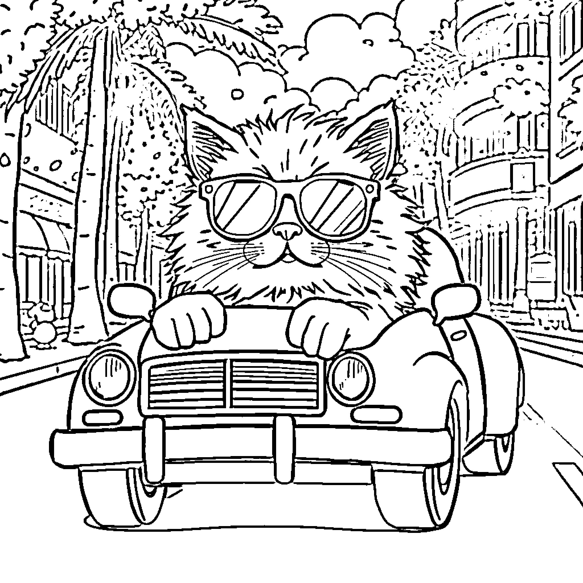 Cat driving vintage car with sunglasses on city street Coloring Page (free black-and-white line drawing printable PDF for all, from beginners to advanced learners, including children, teens, adults, and seniors)