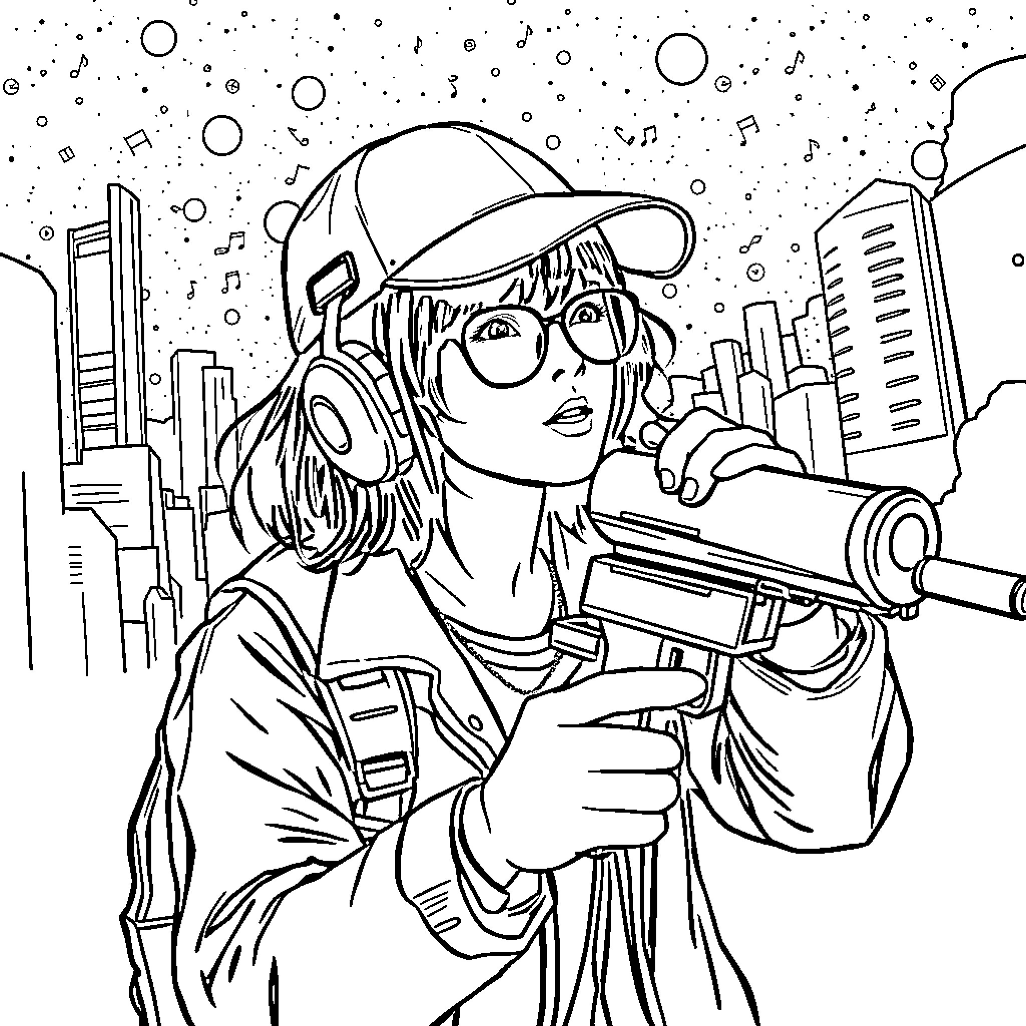 K-pop Hunter Capturing the Urban Rhythm Coloring Page (free black-and-white line drawing printable PDF for all, from beginners to advanced learners, including children, teens, adults, and seniors)
