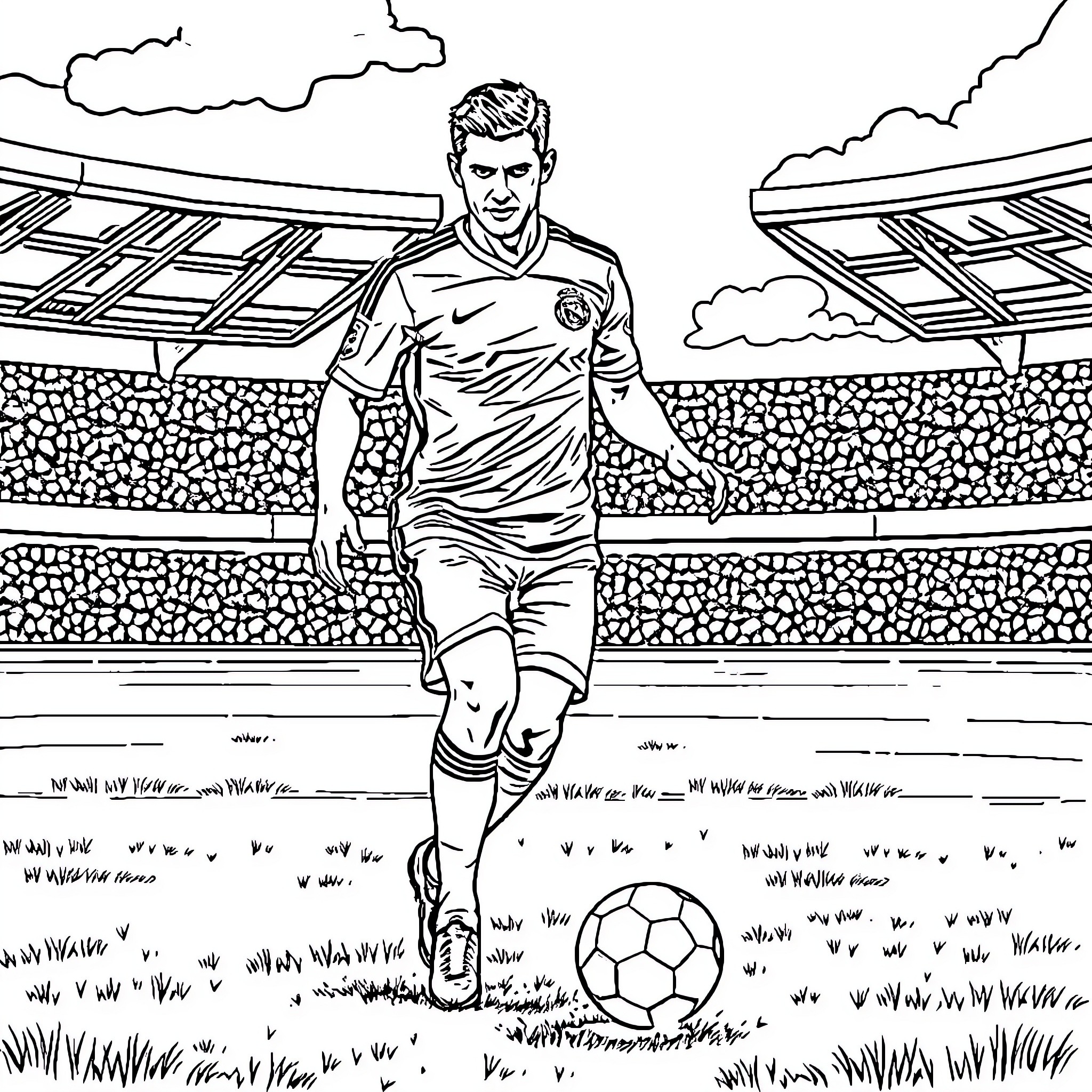 Cristiano walking confidently on the football field Coloring Page (free black-and-white line drawing printable PDF for all, from beginners to advanced learners, including children, teens, adults, and seniors)