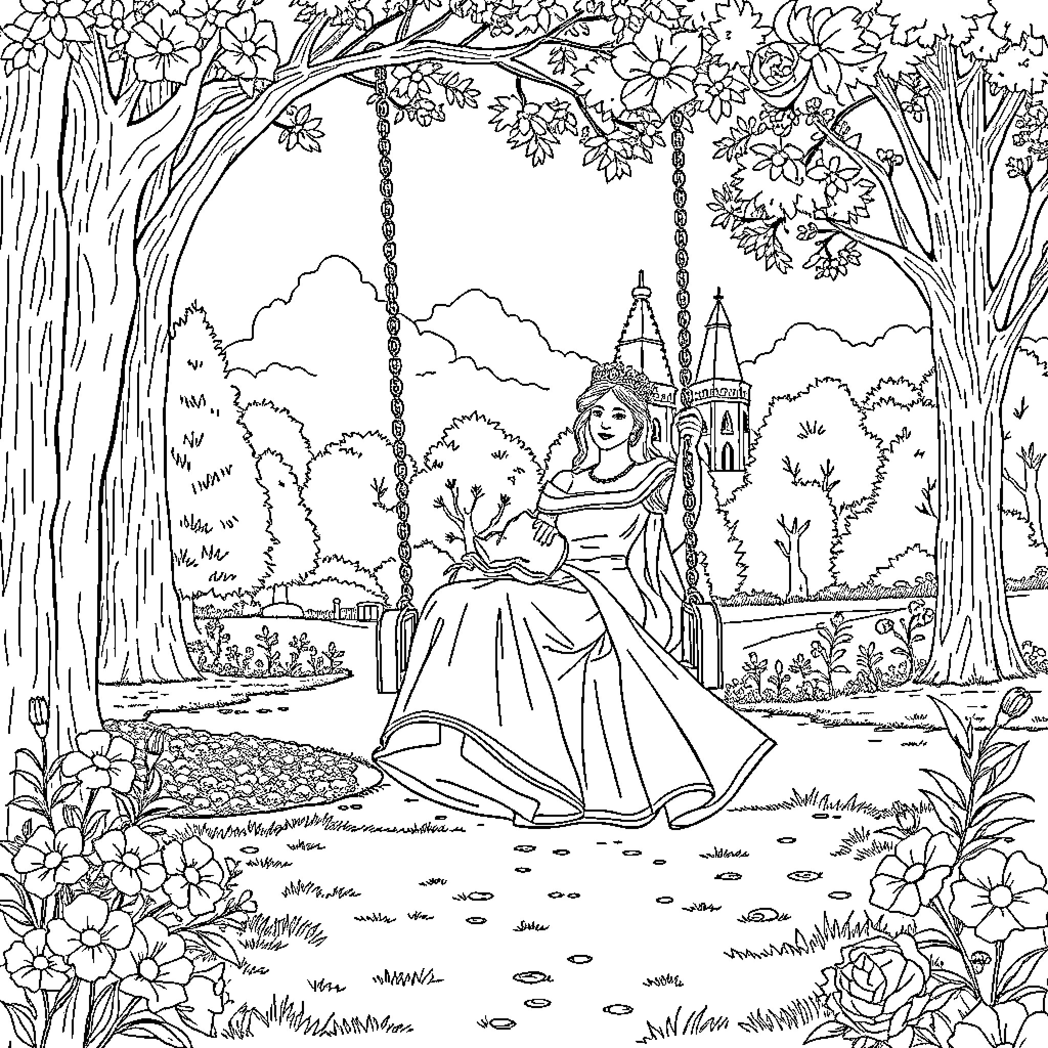 Queen enjoying a serene moment in the enchanted garden Coloring Page (free black-and-white line drawing printable PDF for all, from beginners to advanced learners, including children, teens, adults, and seniors)