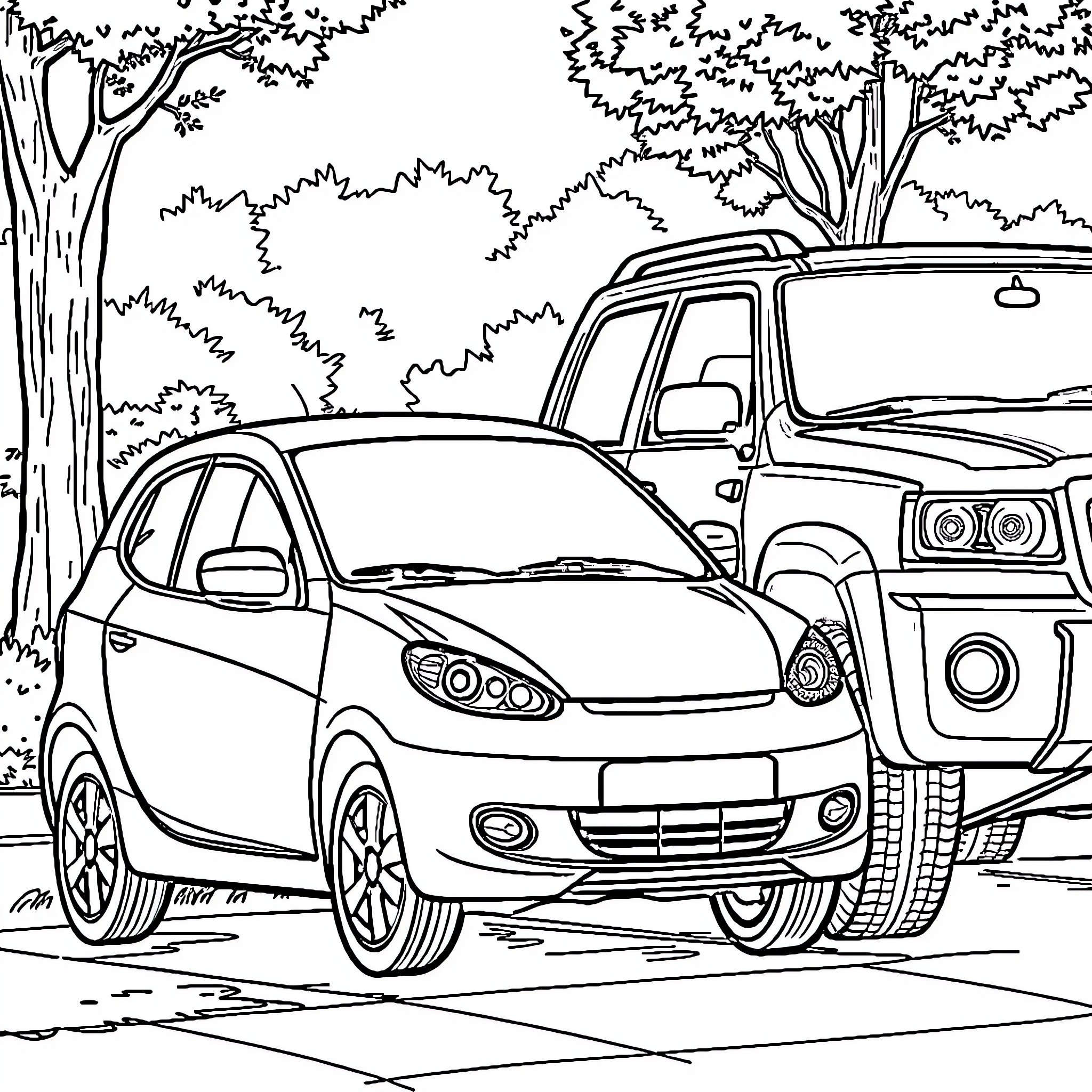 Car parked in the woods with truck Coloring Page (free black-and-white line drawing printable PDF for all, from beginners to advanced learners, including children, teens, adults, and seniors)
