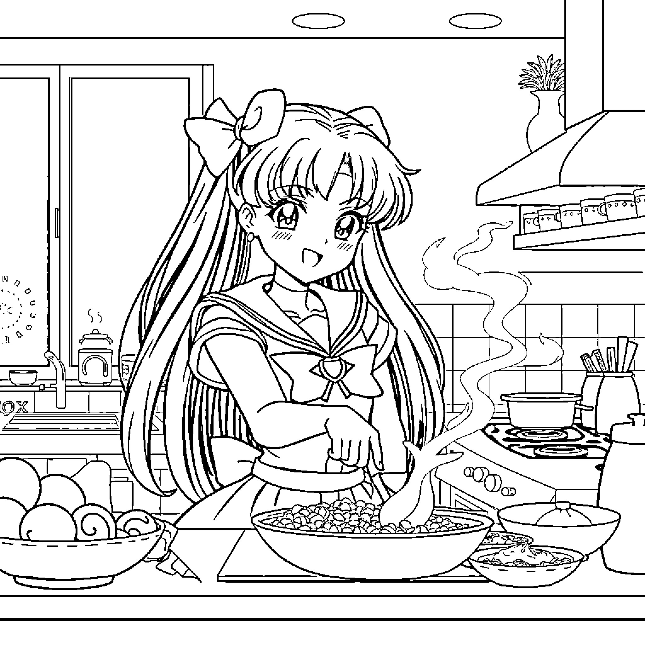 Sailormoon happily cooking a meal in the kitchen Coloring Page (free black-and-white line drawing printable PDF for all, from beginners to advanced learners, including children, teens, adults, and seniors)