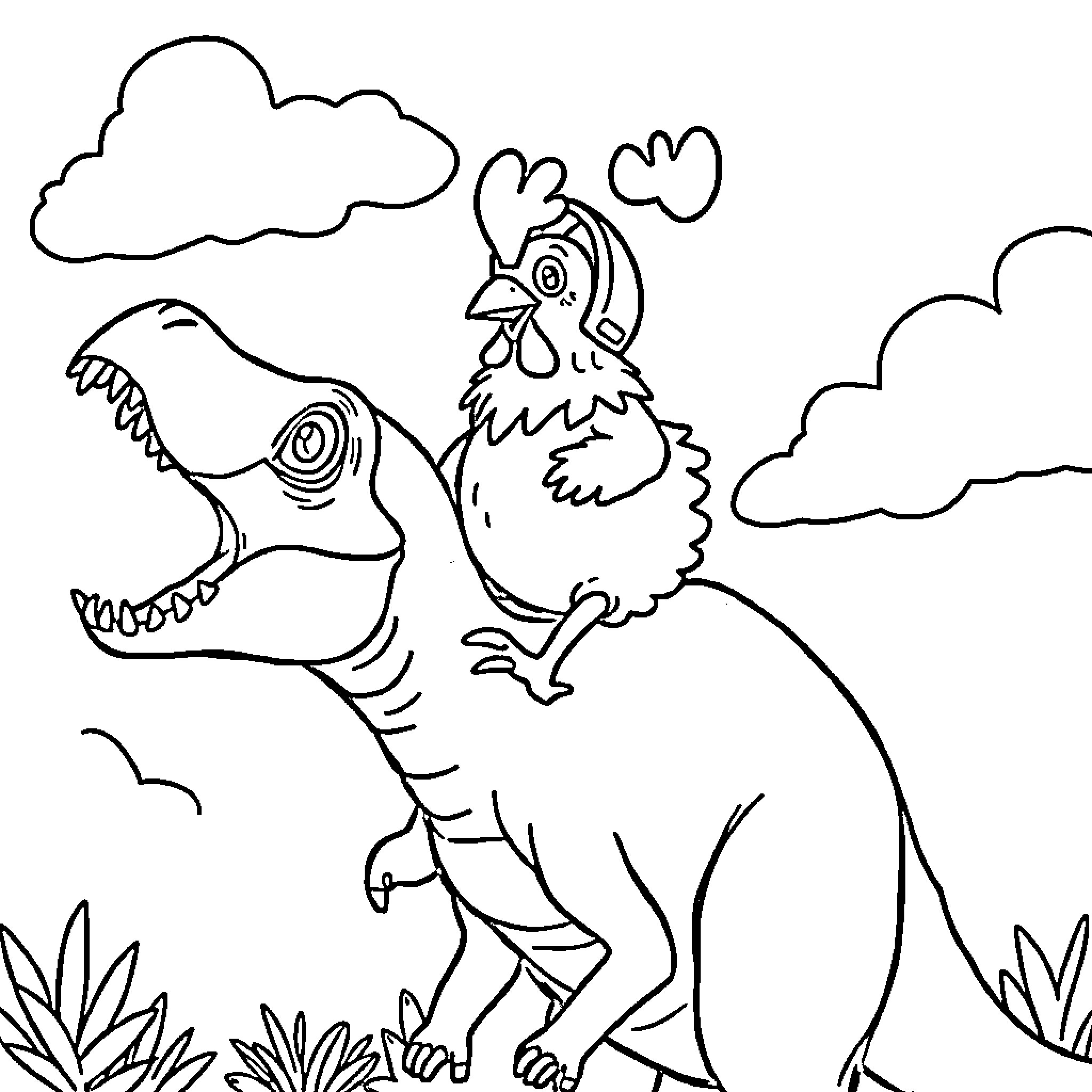 Chicken riding on the back of a T-Rex Coloring Page (free black-and-white line drawing printable PDF for all, from beginners to advanced learners, including children, teens, adults, and seniors)