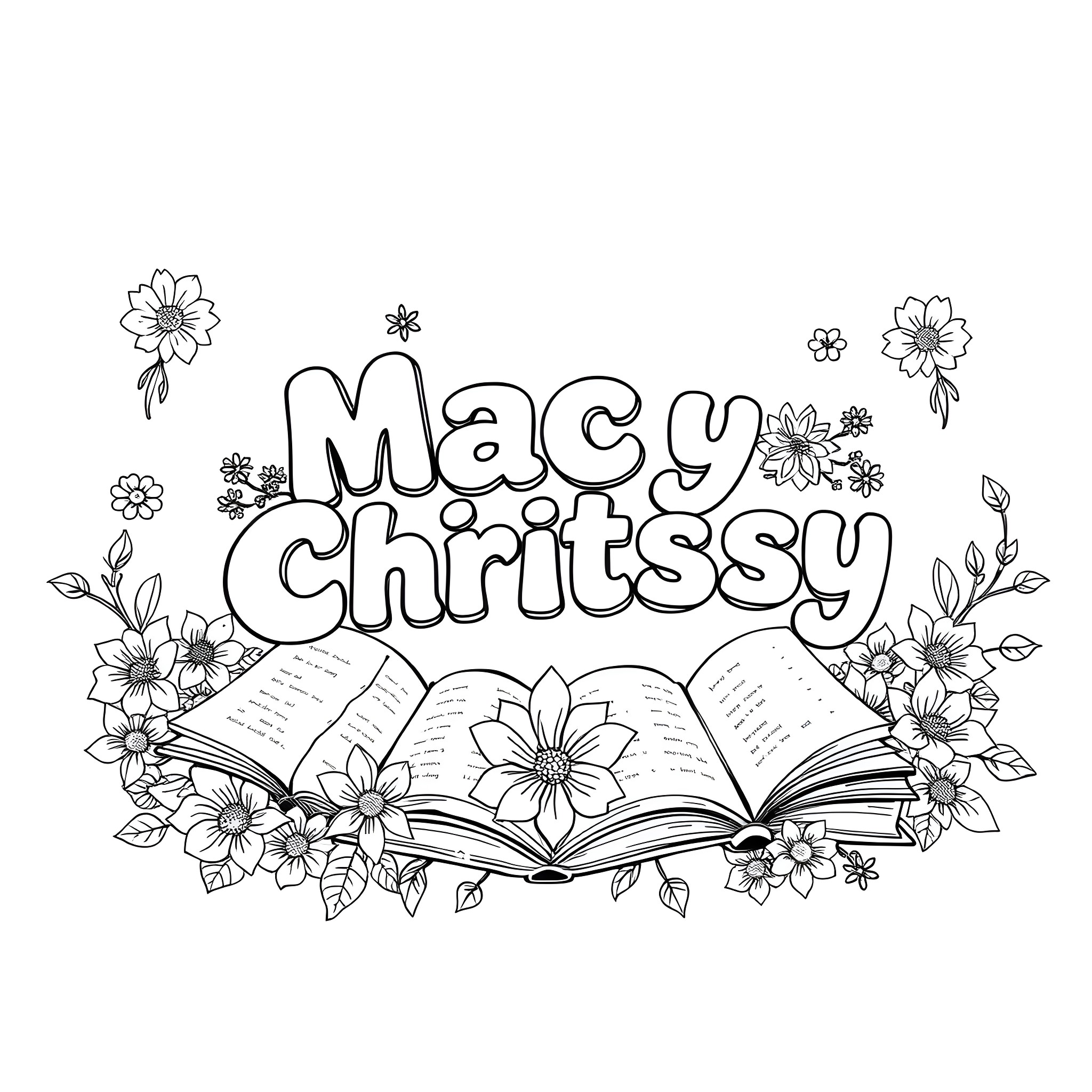 Bubble Letter Floral Frame with Open Book Coloring Page (free black-and-white line drawing printable PDF for all, from beginners to advanced learners, including children, teens, adults, and seniors)