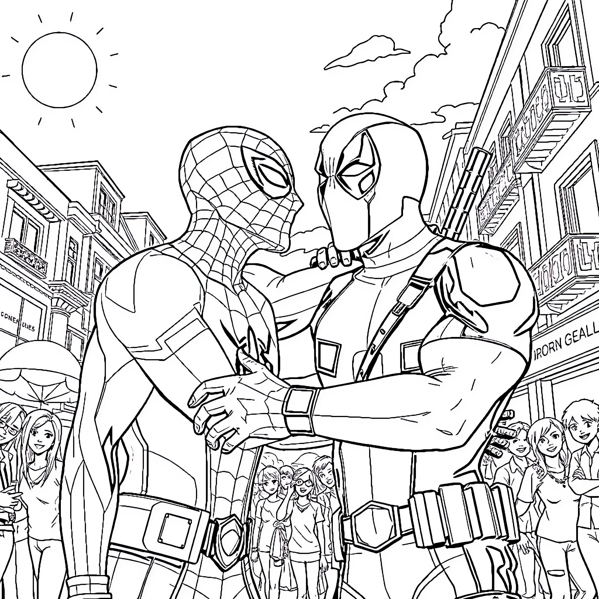 Spiderman and Deadpool take action in the city Coloring Page (free black-and-white line drawing printable PDF for all, from beginners to advanced learners, including children, teens, adults, and seniors)