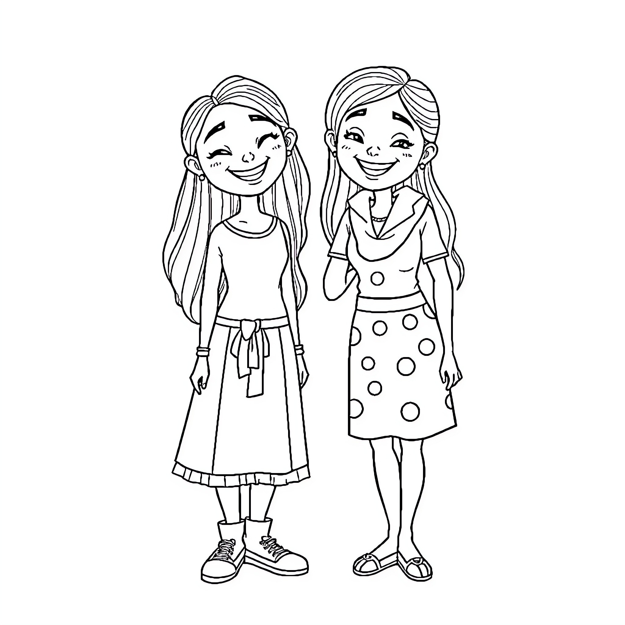 Kay's Happy Moment with Friend Coloring Page (free black-and-white line drawing printable PDF for all, from beginners to advanced learners, including children, teens, adults, and seniors)