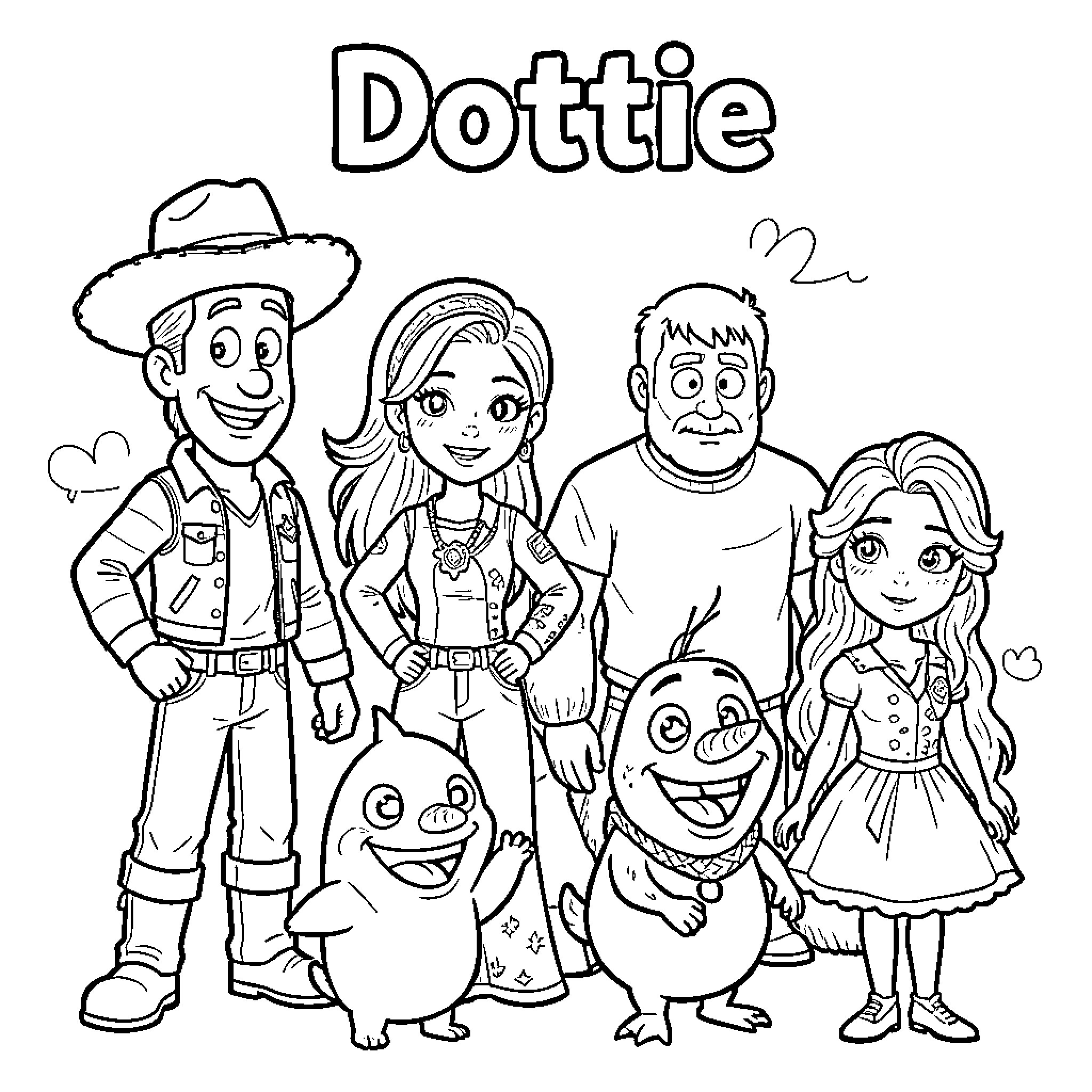 Character group posing together with happy expressions Coloring Page (free black-and-white line drawing printable PDF for all, from beginners to advanced learners, including children, teens, adults, and seniors)