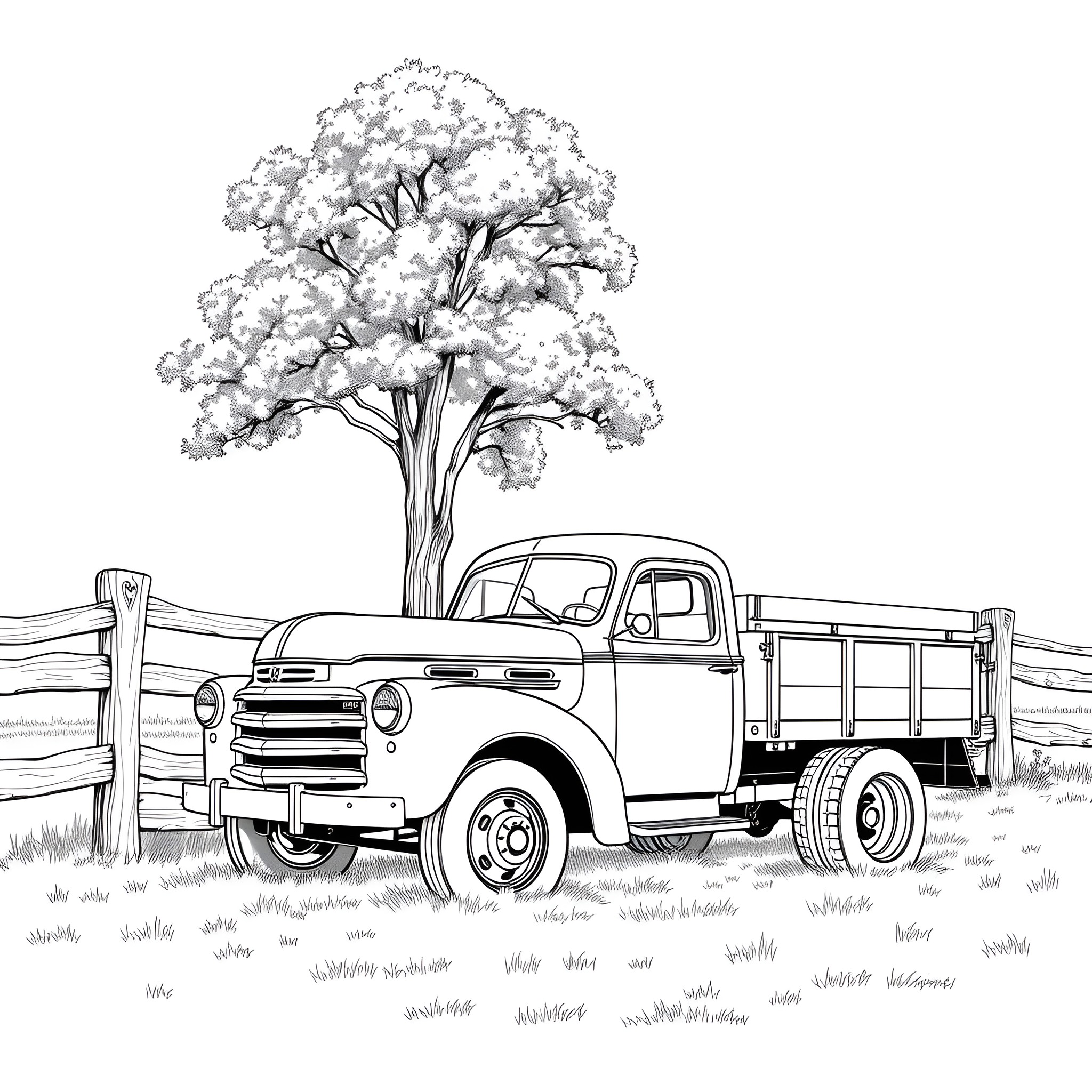 Farm Truck Parked under a Blooming Tree Coloring Page (free black-and-white line drawing printable PDF for all, from beginners to advanced learners, including children, teens, adults, and seniors)