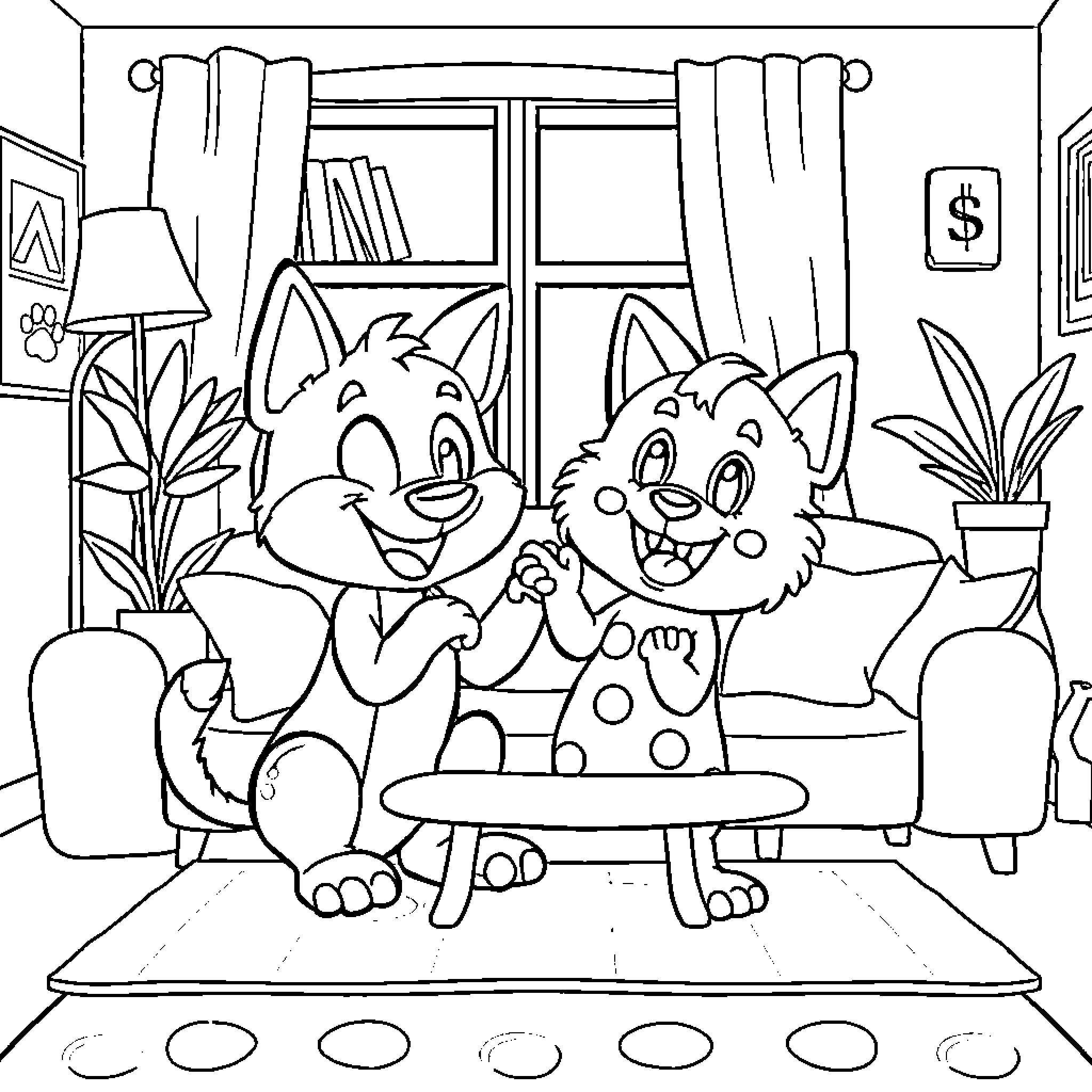 Bluey and Bingo enjoying a cozy day indoors Coloring Page (free black-and-white line drawing printable PDF for all, from beginners to advanced learners, including children, teens, adults, and seniors)