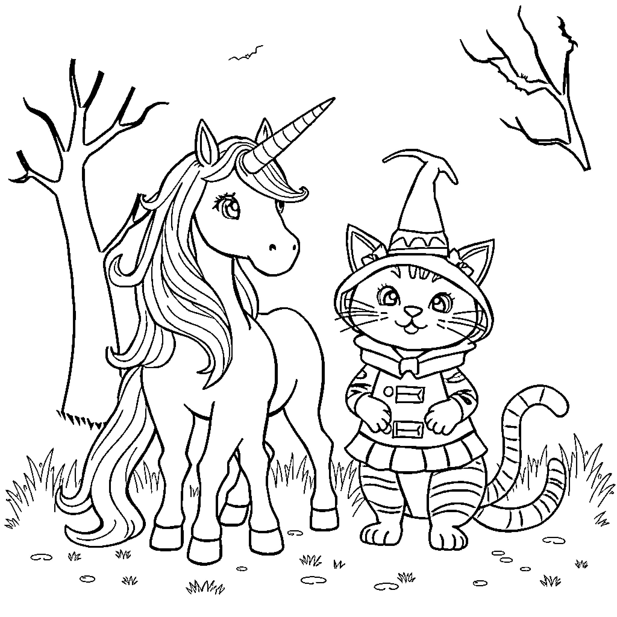 Unicorn and Kitten in Enchanted Forest Coloring Page (free black-and-white line drawing printable PDF for all, from beginners to advanced learners, including children, teens, adults, and seniors)
