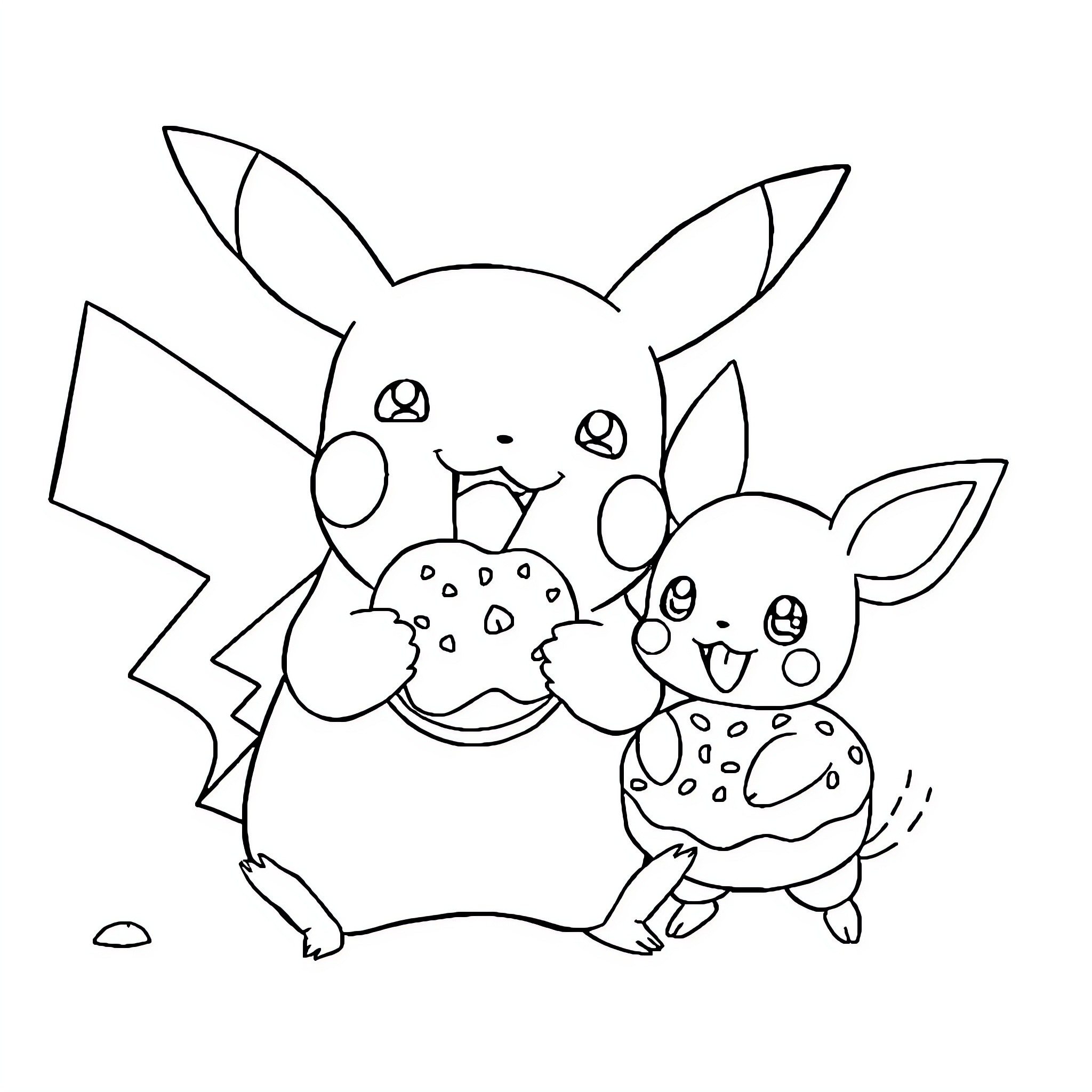 Pikachu and Spotty Pokémon playing together Coloring Page (free black-and-white line drawing printable PDF for all, from beginners to advanced learners, including children, teens, adults, and seniors)