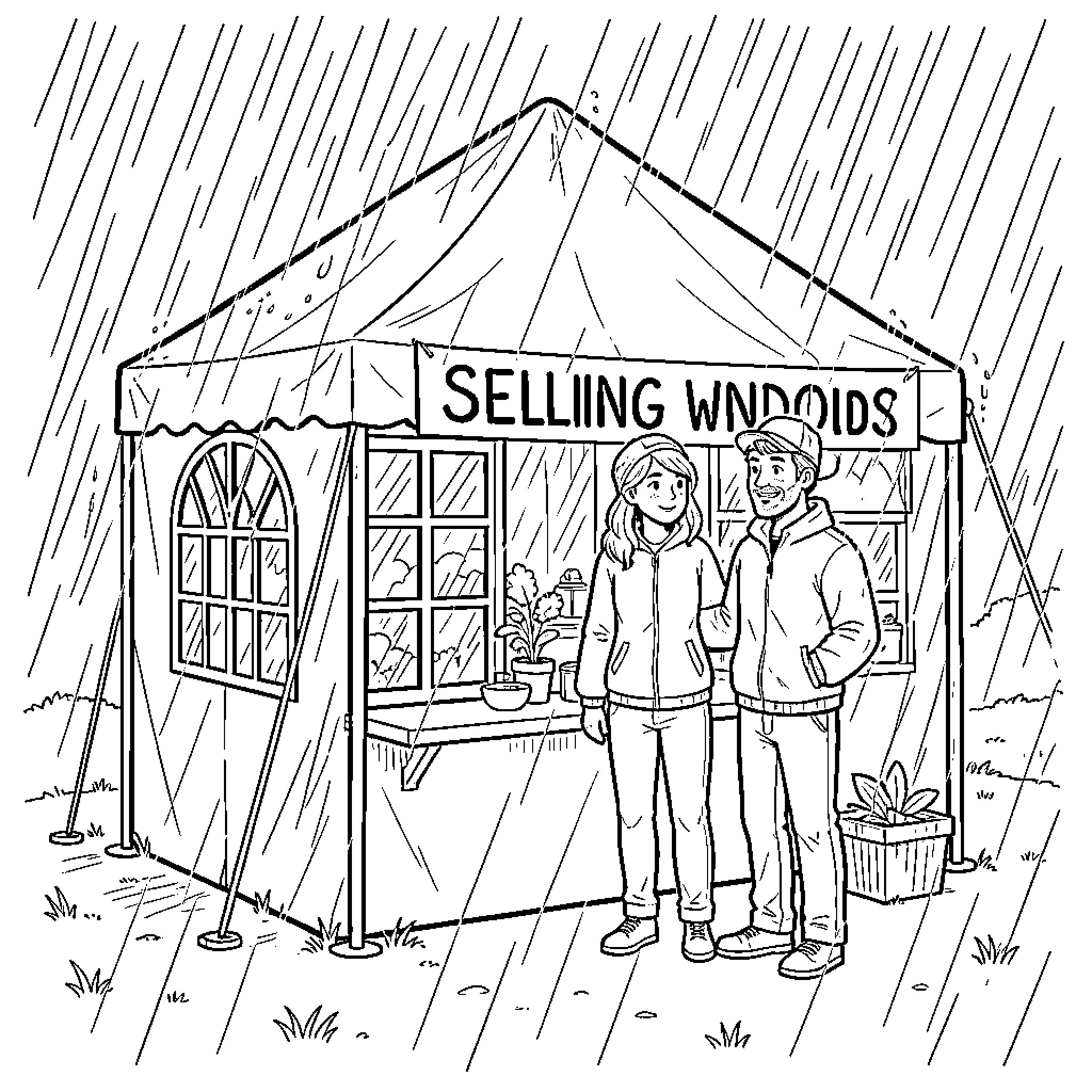 Window Booth Selling Wares on Rainy Day Coloring Page (free black-and-white line drawing printable PDF for all, from beginners to advanced learners, including children, teens, adults, and seniors)