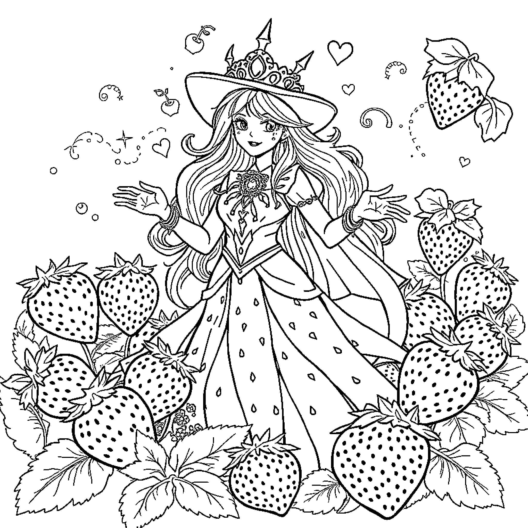 Strawberry Princess Surrounded by Whimsical Fruit Coloring Page (free black-and-white line drawing printable PDF for all, from beginners to advanced learners, including children, teens, adults, and seniors)