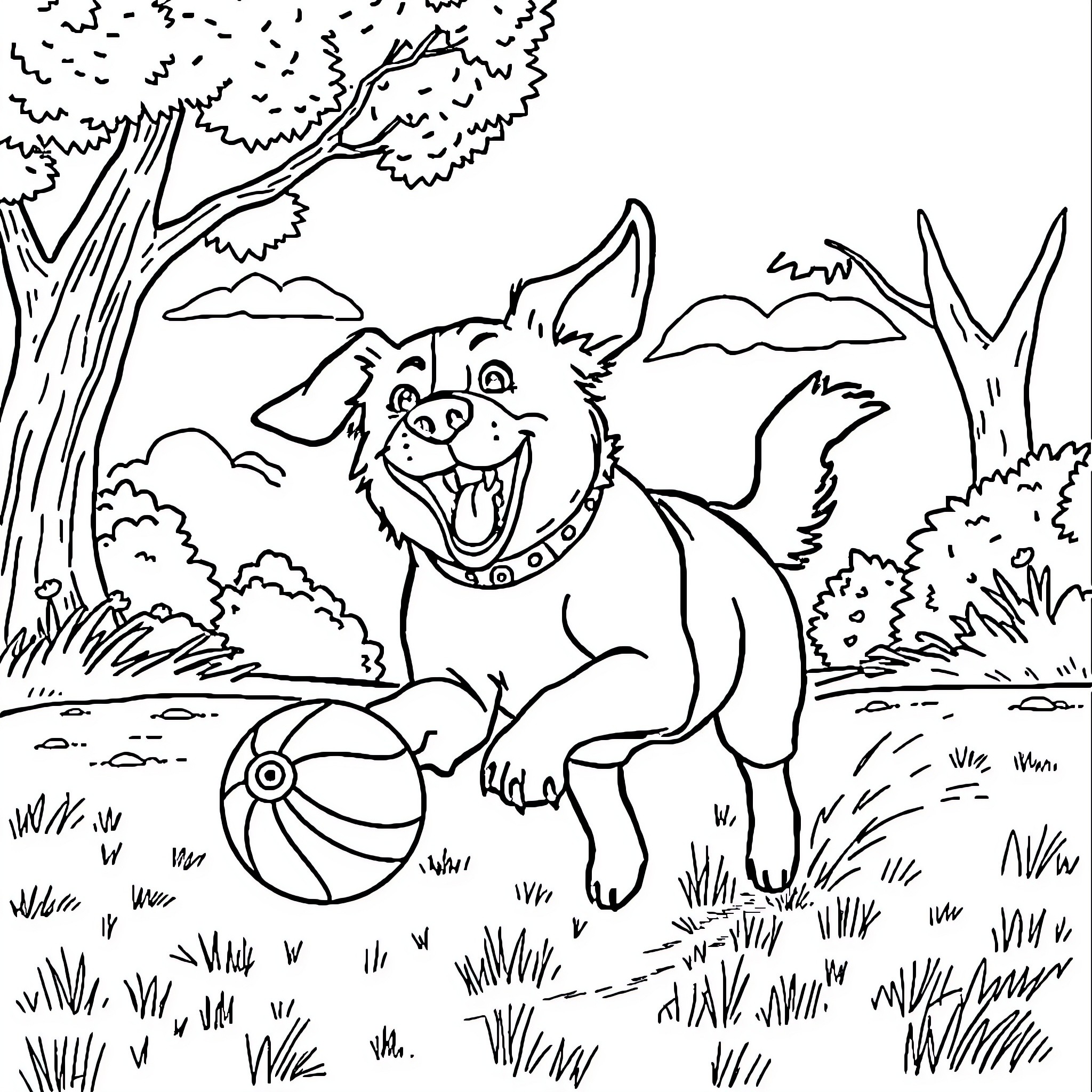 Dog playing joyfully with ball in nature Coloring Page (free black-and-white line drawing printable PDF for all, from beginners to advanced learners, including children, teens, adults, and seniors)