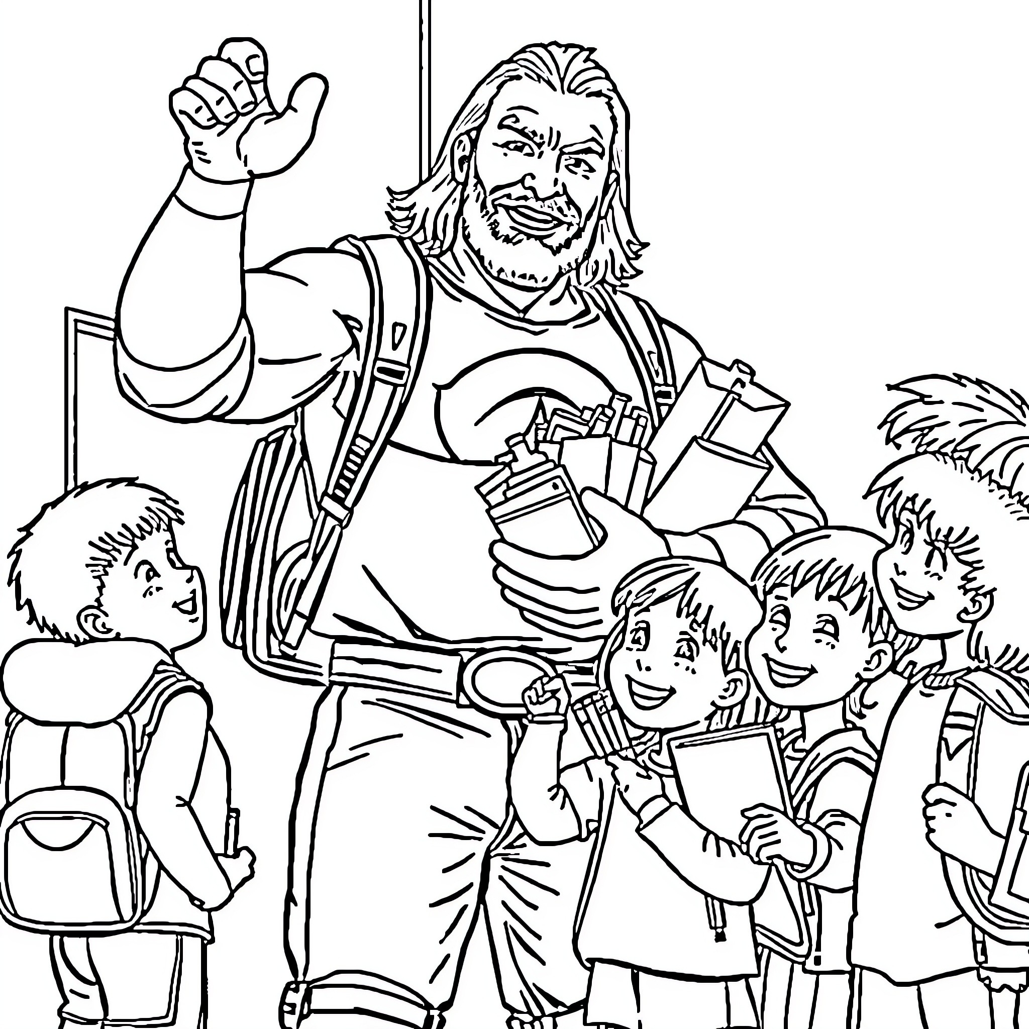 Wrestler entertaining a group of excited children Coloring Page (free black-and-white line drawing printable PDF for all, from beginners to advanced learners, including children, teens, adults, and seniors)