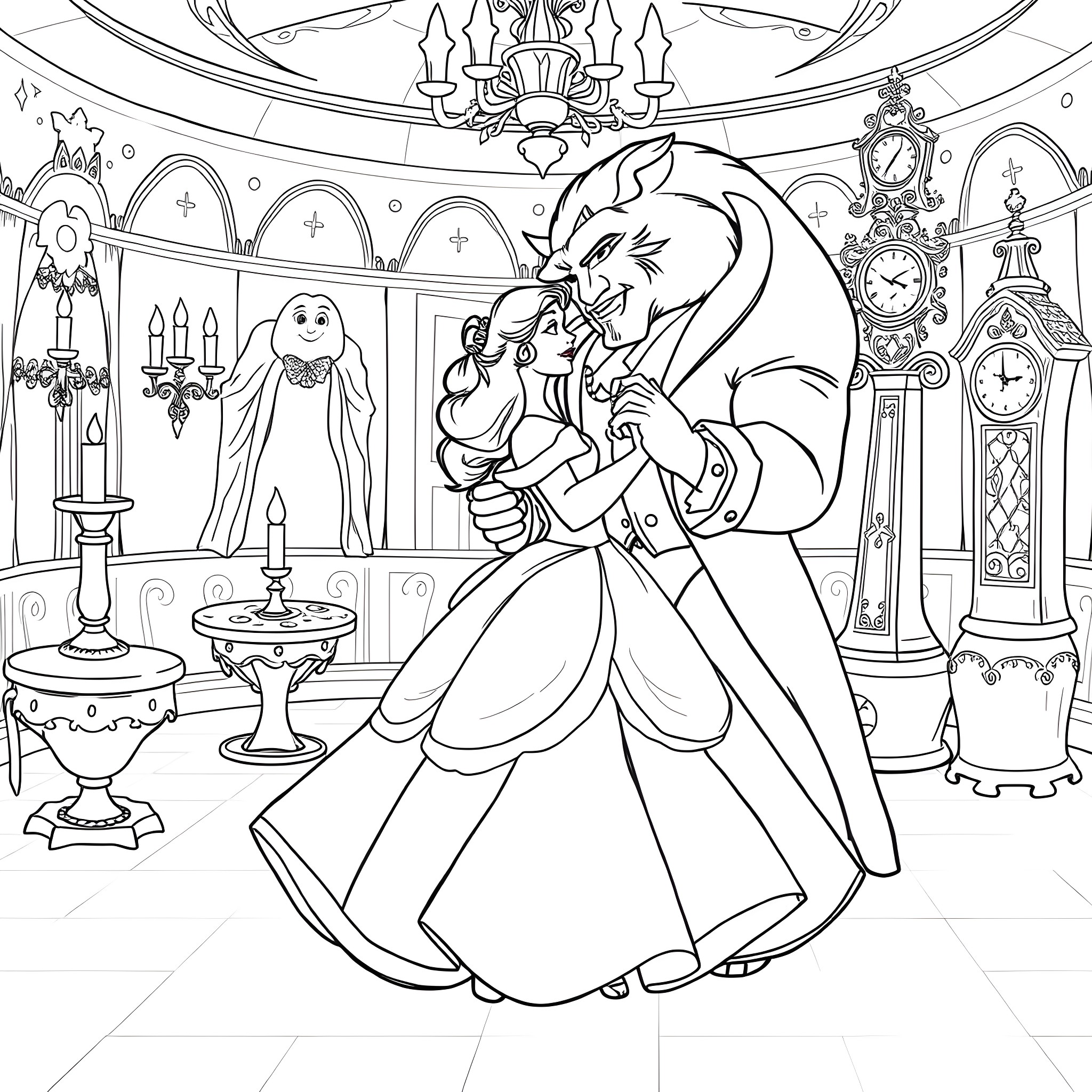Beauty And The Beast Dancing in a Lavish Ballroom Coloring Page (free black-and-white line drawing printable PDF for all, from beginners to advanced learners, including children, teens, adults, and seniors)