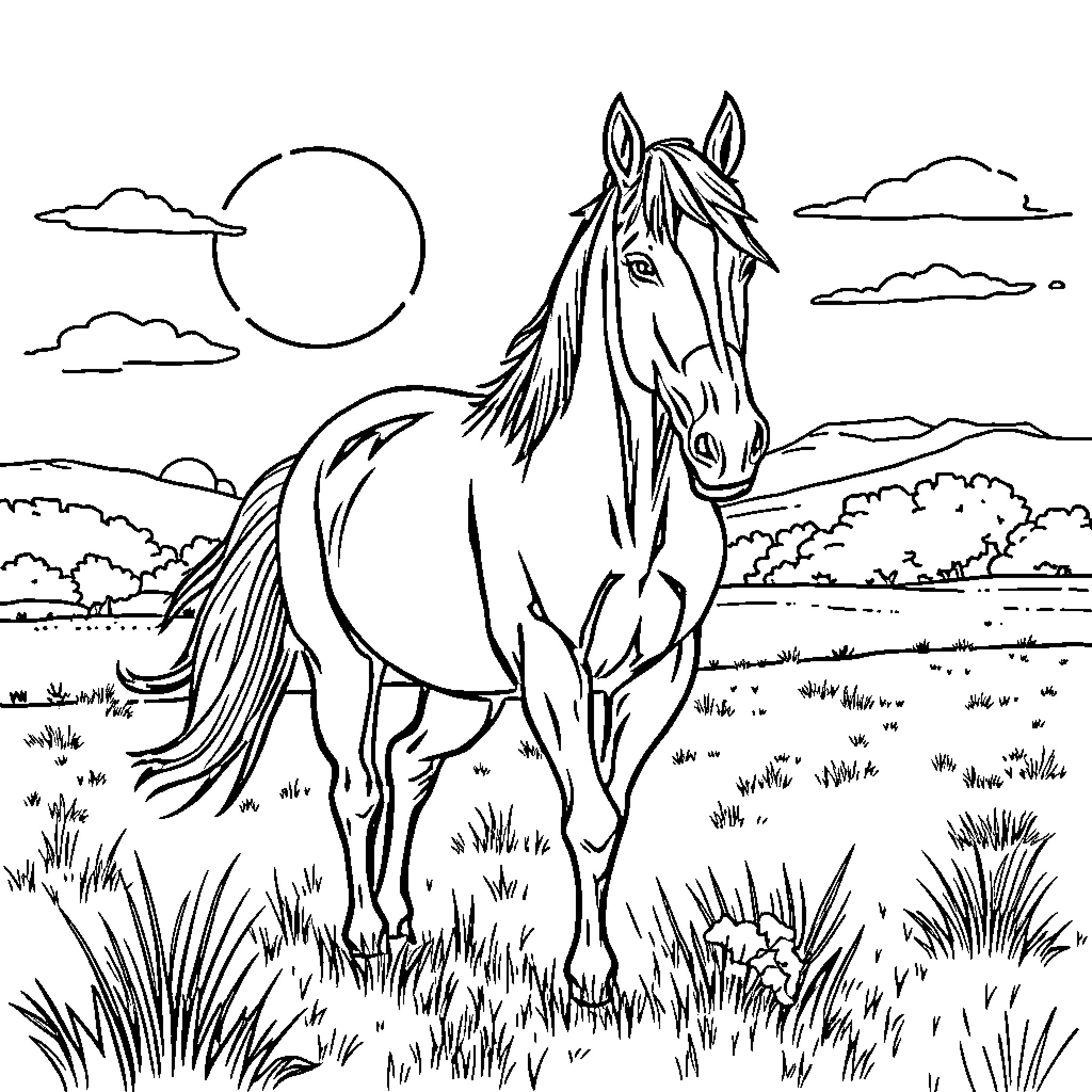 Horse standing in a scenic landscape Coloring Page (free black-and-white line drawing printable PDF for all, from beginners to advanced learners, including children, teens, adults, and seniors)
