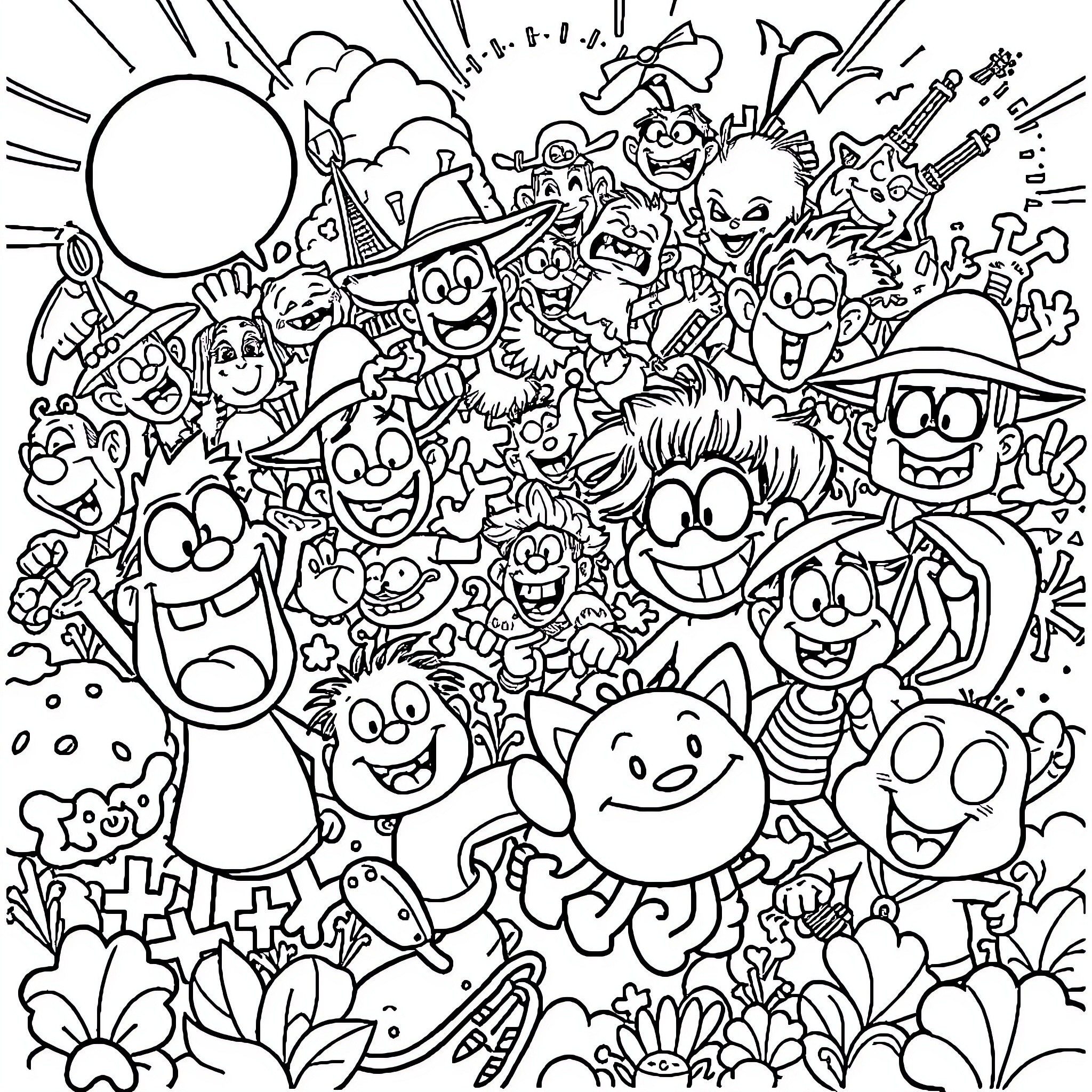 Cartoon characters in a vibrant and whimsical scene Coloring Page (free black-and-white line drawing printable PDF for all, from beginners to advanced learners, including children, teens, adults, and seniors)