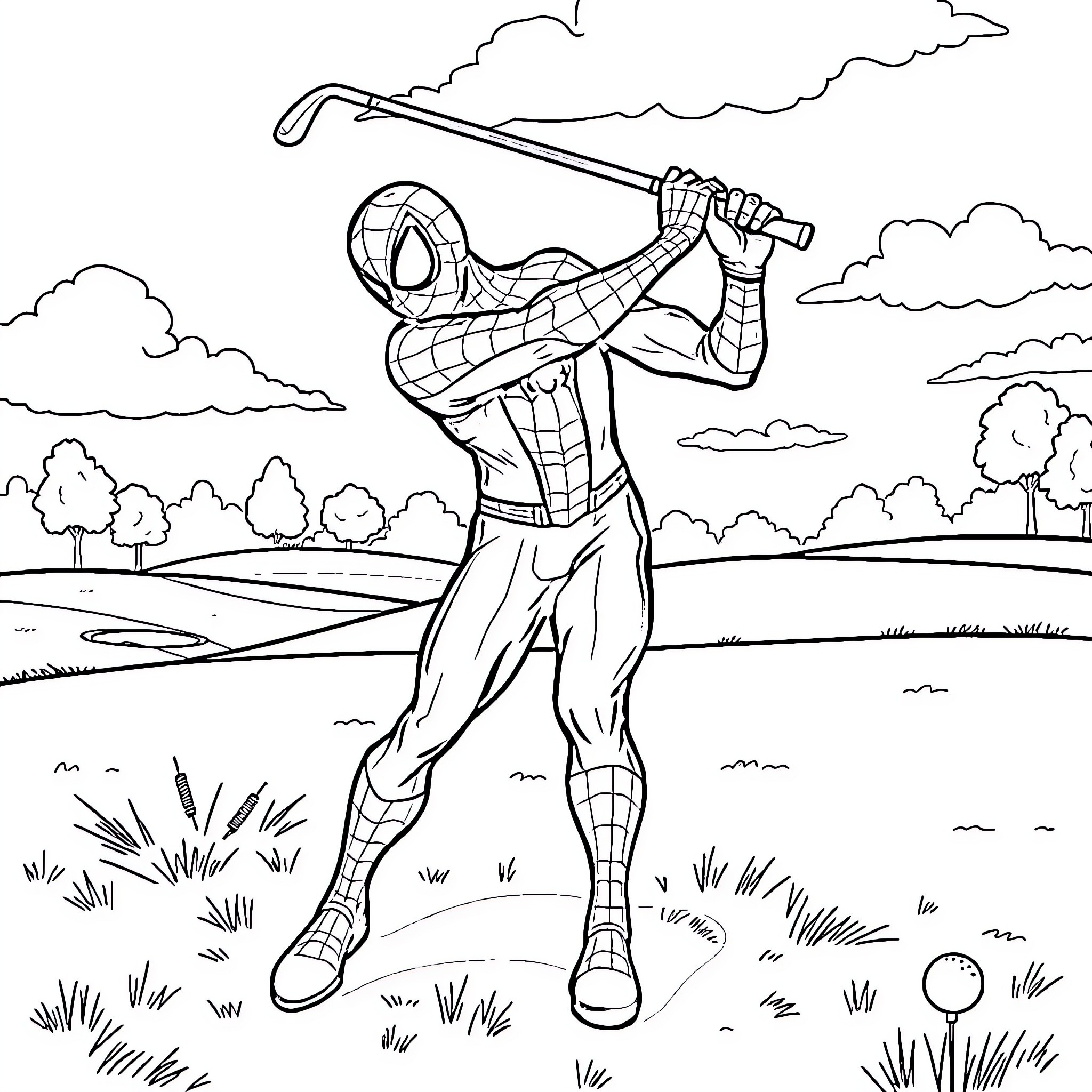 Spiderman swinging his web and exploring the outdoors Coloring Page (free black-and-white line drawing printable PDF for all, from beginners to advanced learners, including children, teens, adults, and seniors)