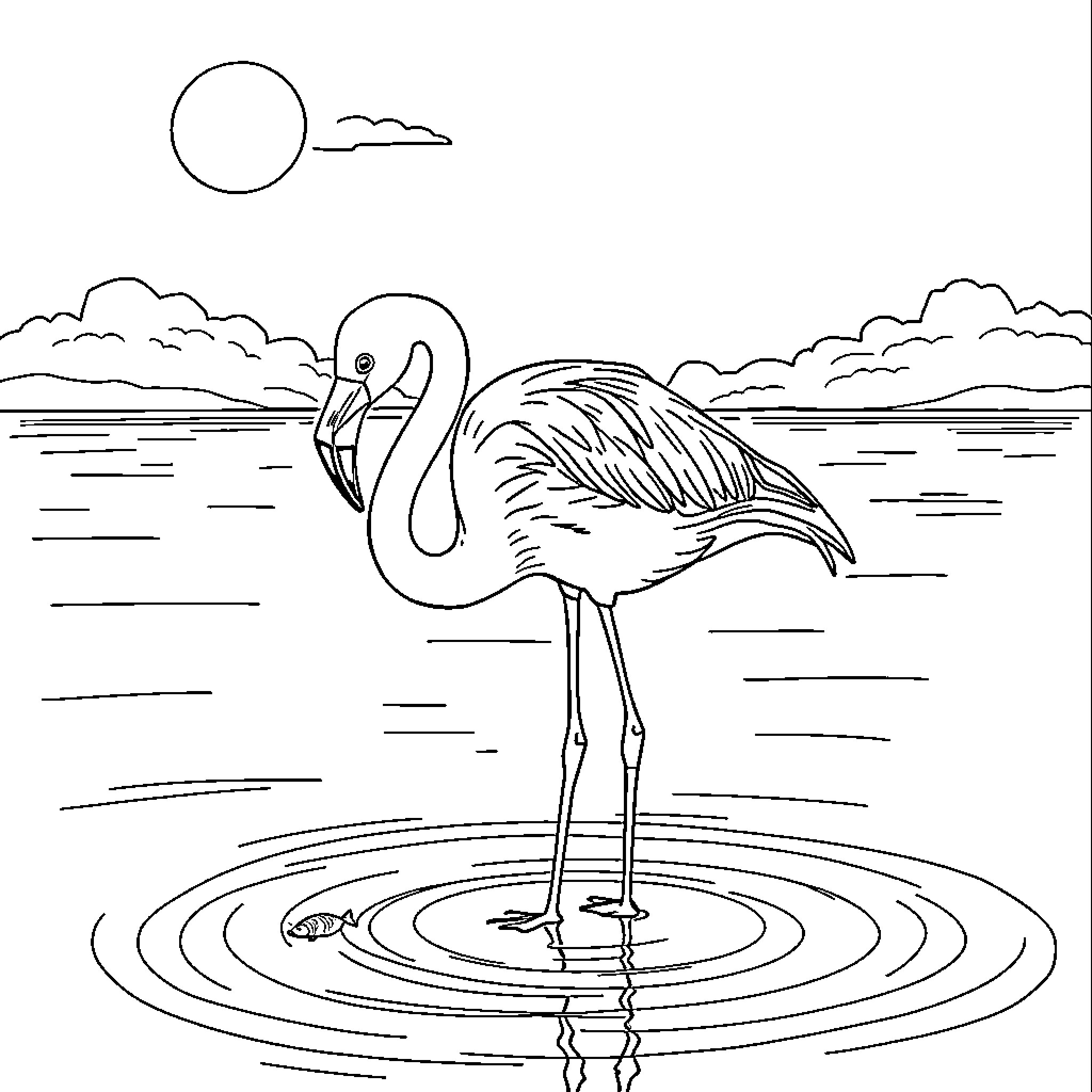 Flamingo wading gracefully in tranquil waters Coloring Page (free black-and-white line drawing printable PDF for all, from beginners to advanced learners, including children, teens, adults, and seniors)