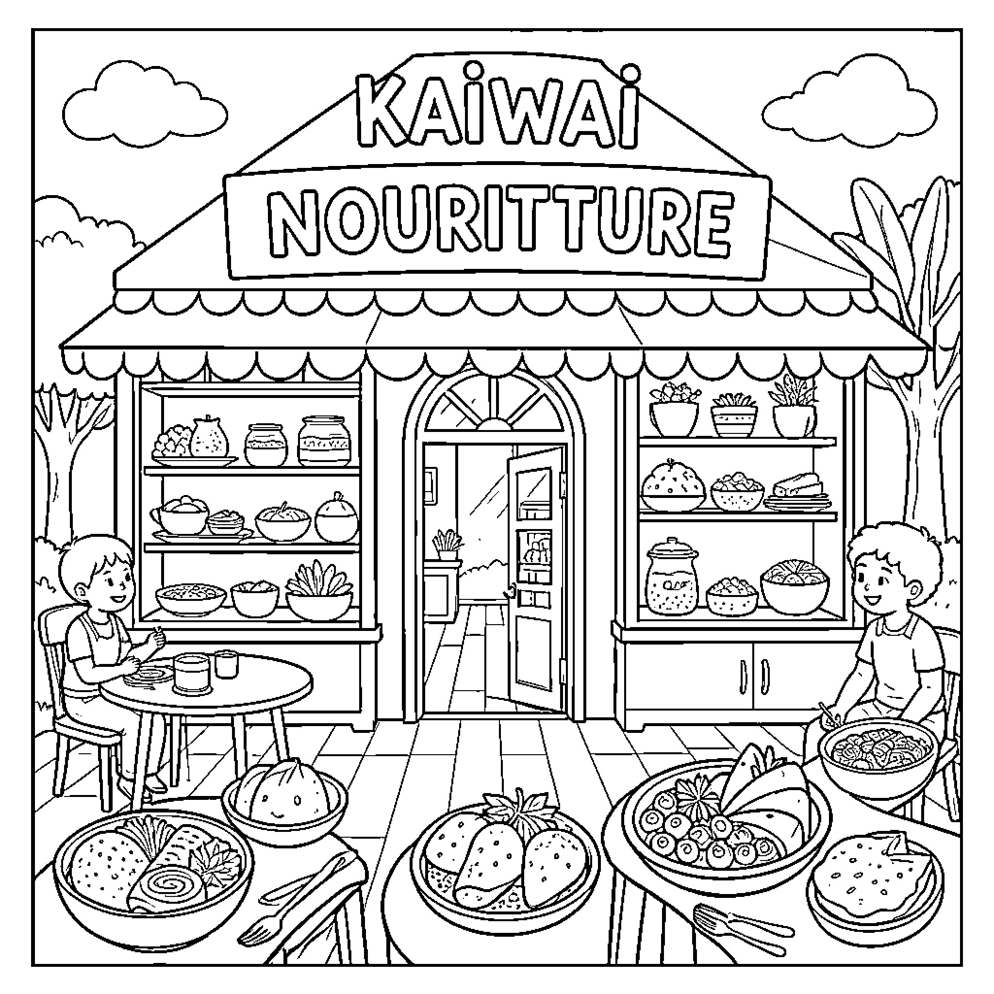 Nourriture scene with people enjoying meals at an outdoor cafe Coloring Page (free black-and-white line drawing printable PDF for all, from beginners to advanced learners, including children, teens, adults, and seniors)