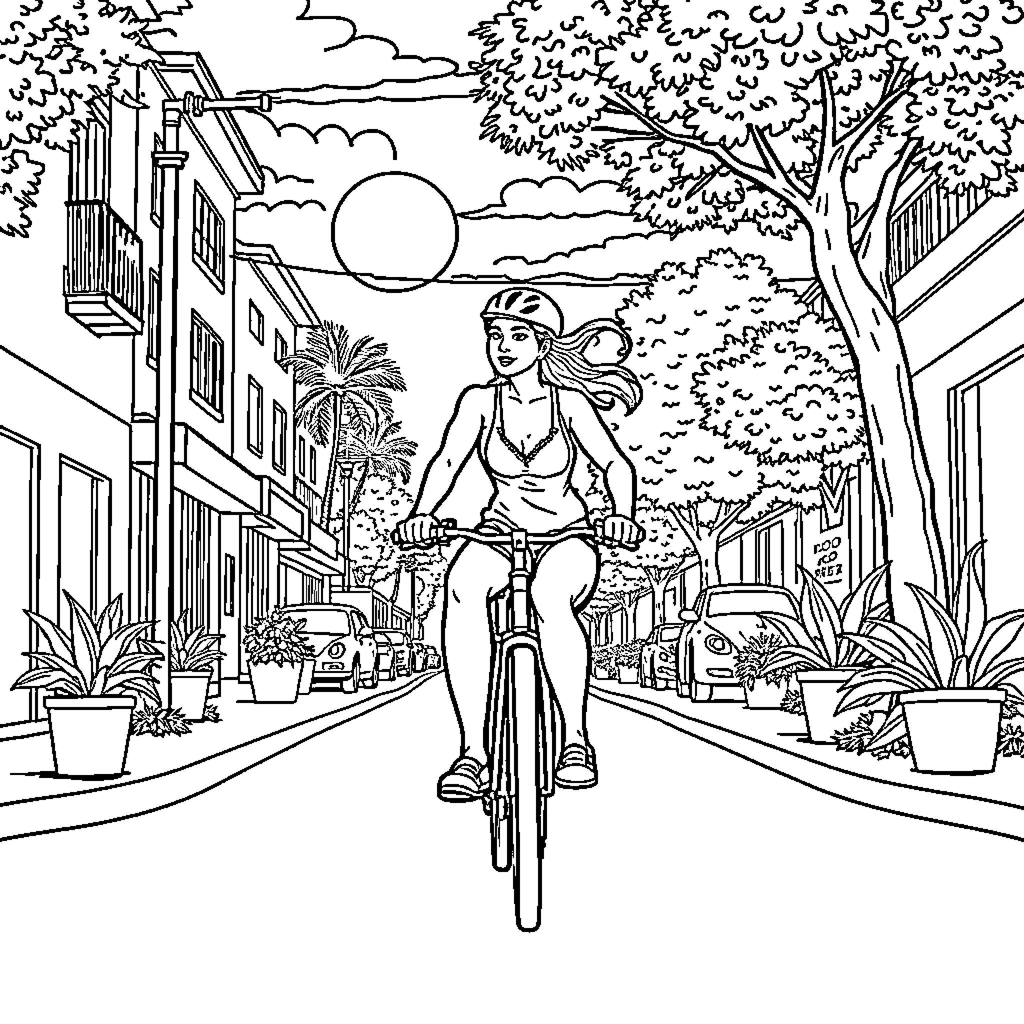 Gender Expression through Casual Bicycle Ride Coloring Page (free black-and-white line drawing printable PDF for all, from beginners to advanced learners, including children, teens, adults, and seniors)