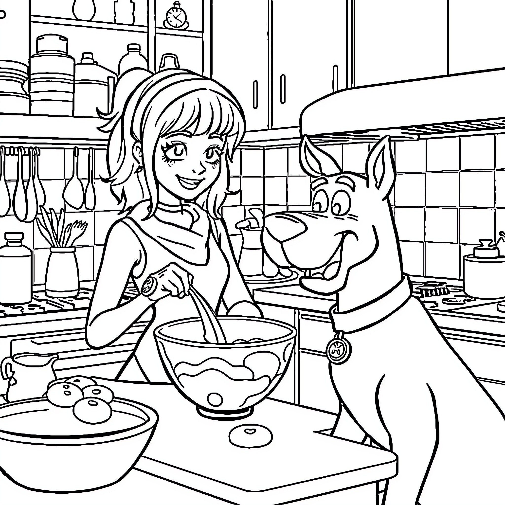 Liv Baking Treats with Her Canine Companion Coloring Page (free black-and-white line drawing printable PDF for all, from beginners to advanced learners, including children, teens, adults, and seniors)