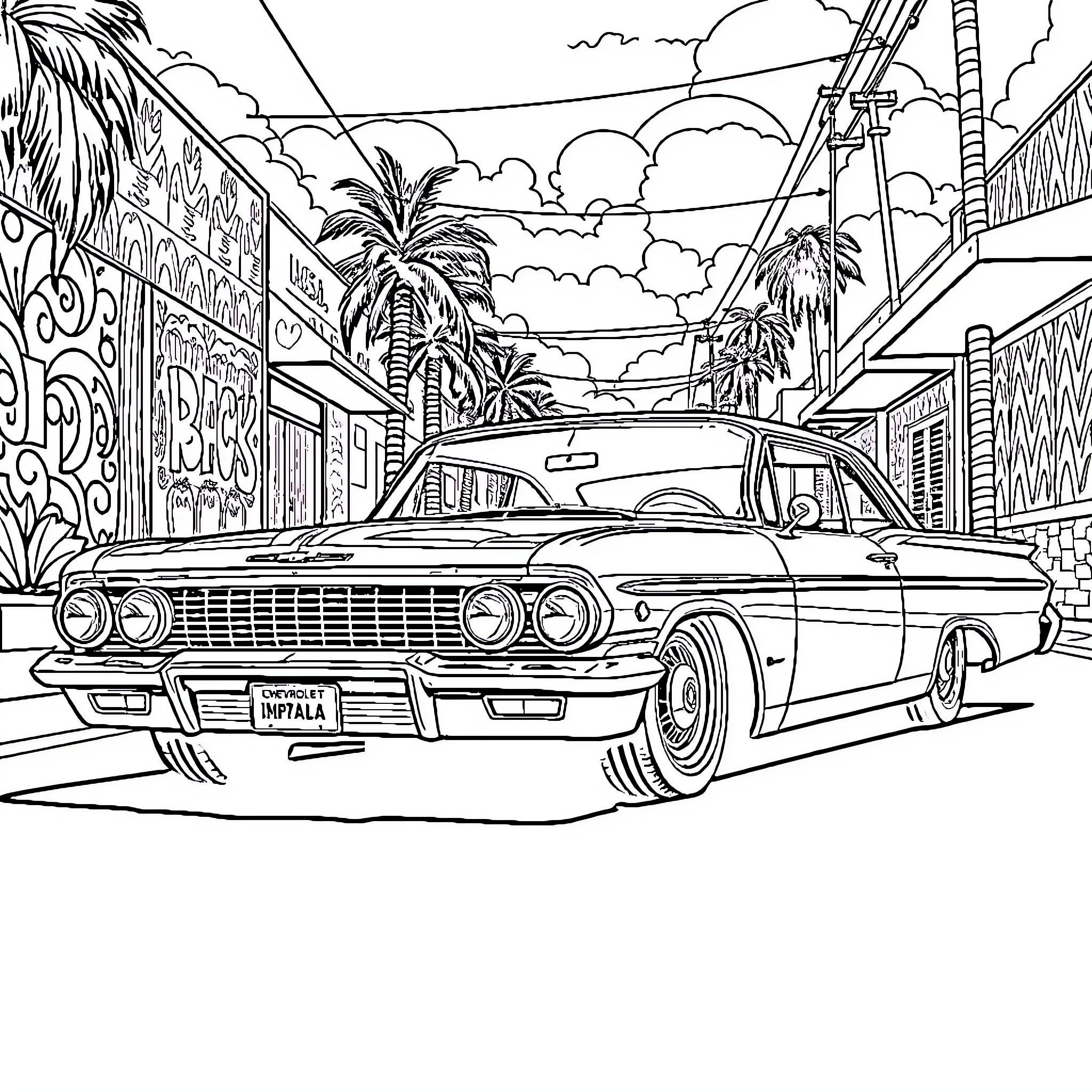 Chevrolet vintage car parked in tropical town Coloring Page (free black-and-white line drawing printable PDF for all, from beginners to advanced learners, including children, teens, adults, and seniors)