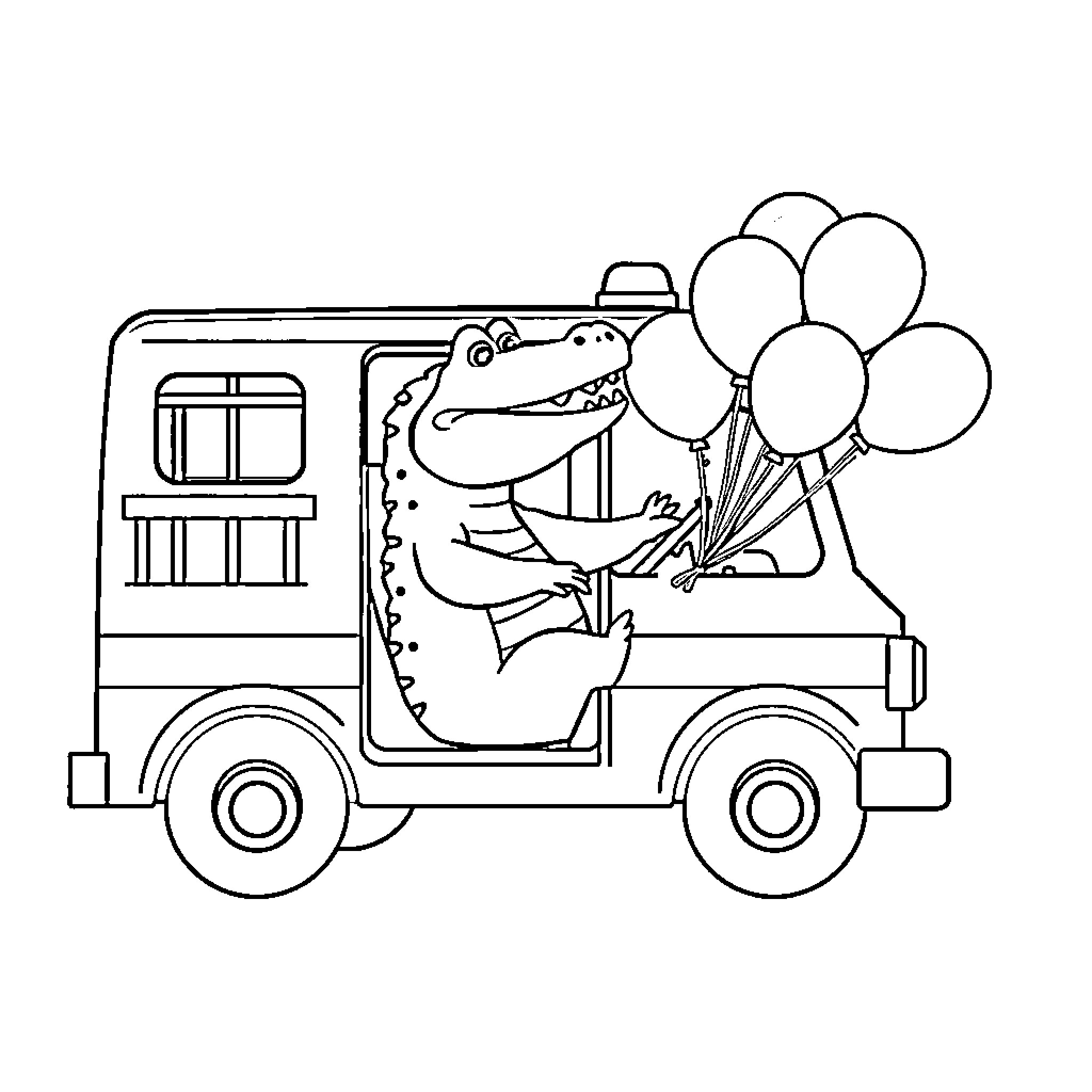 Alligator driving a festive truck with balloons Coloring Page (free black-and-white line drawing printable PDF for all, from beginners to advanced learners, including children, teens, adults, and seniors)