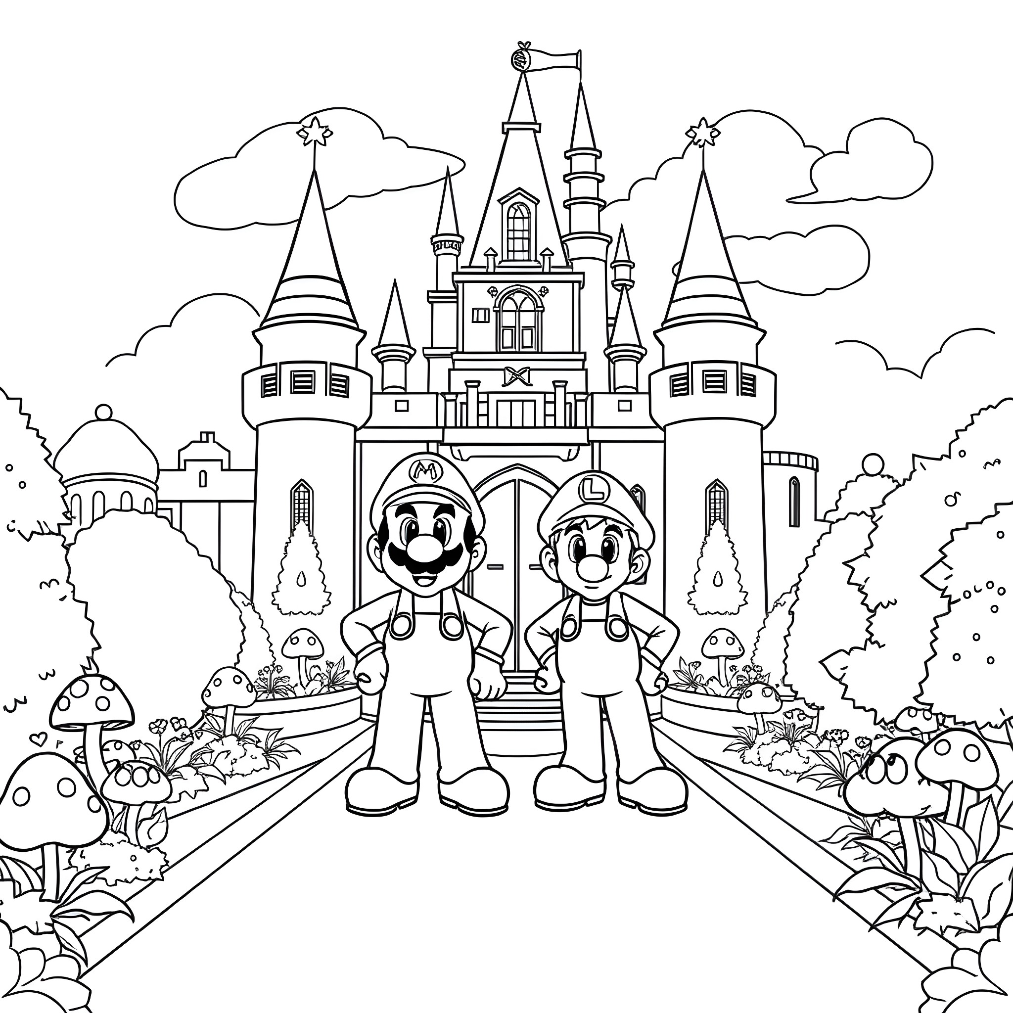 Mario and Luigi at the Magical Castle Coloring Page (free black-and-white line drawing printable PDF for all, from beginners to advanced learners, including children, teens, adults, and seniors)