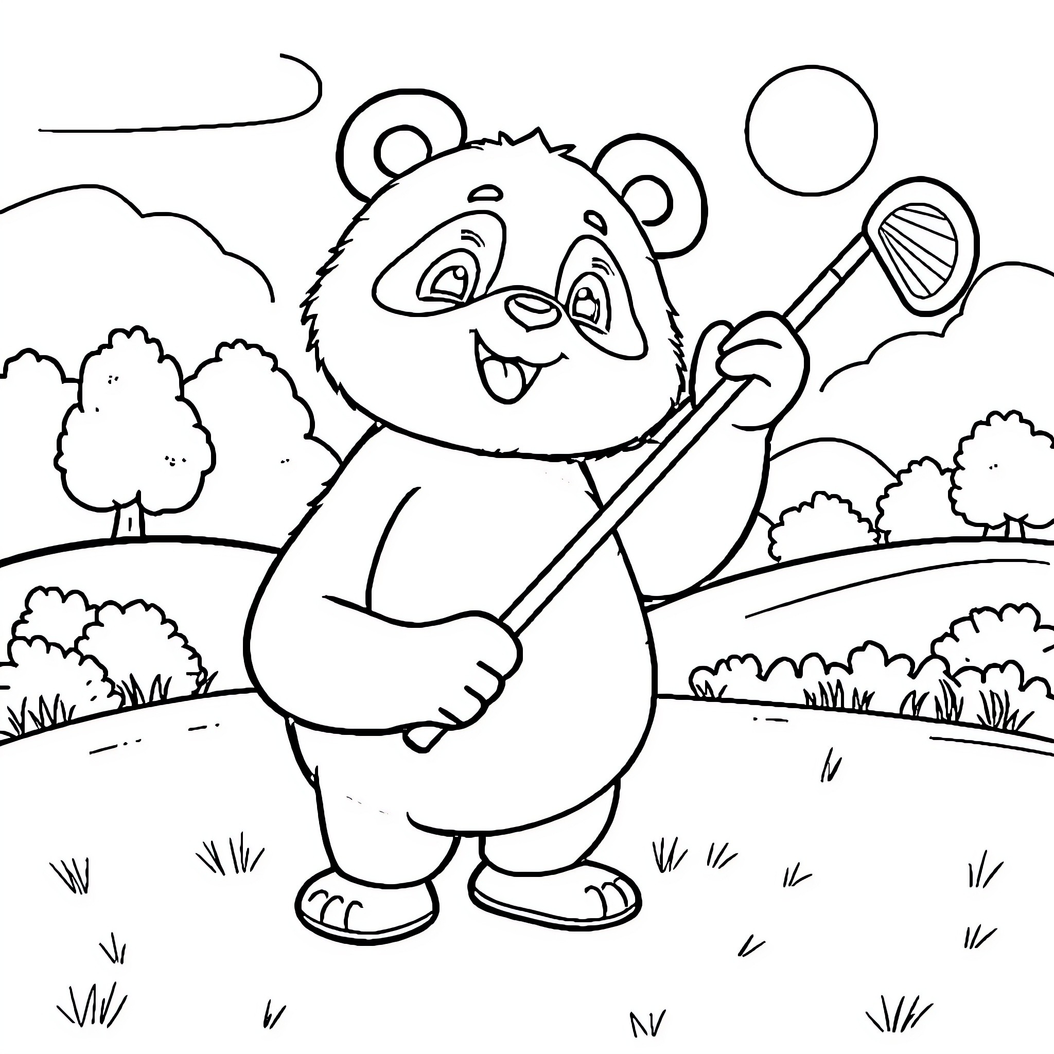 Panda playing happily in the park Coloring Page (free black-and-white line drawing printable PDF for all, from beginners to advanced learners, including children, teens, adults, and seniors)