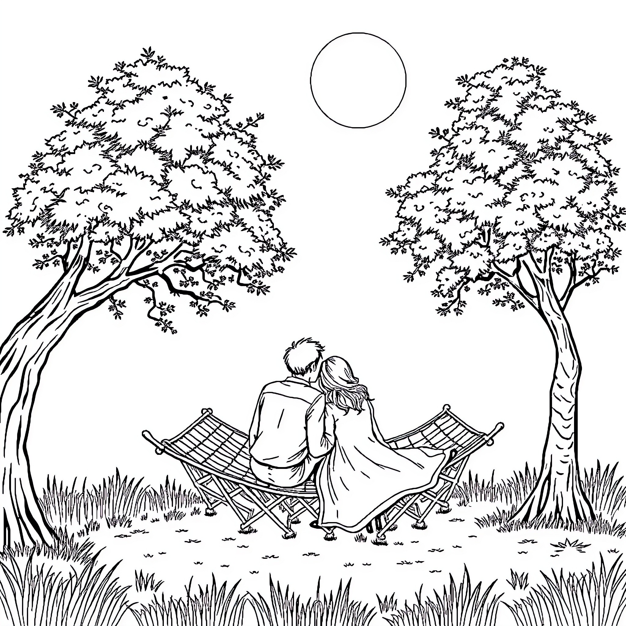 Lovers enjoying a peaceful moment in nature Coloring Page (free black-and-white line drawing printable PDF for all, from beginners to advanced learners, including children, teens, adults, and seniors)
