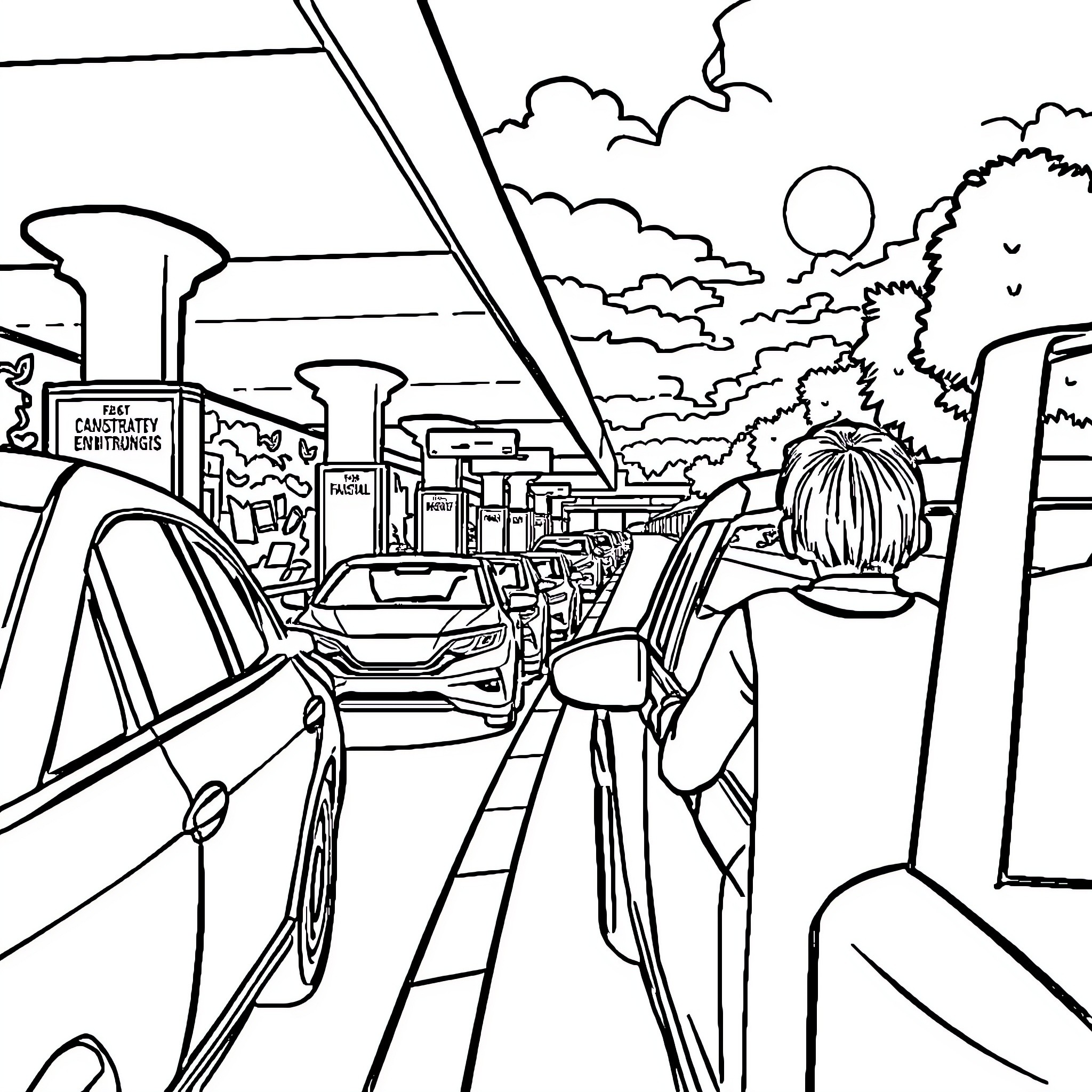 Fastag Checkpoint on a Busy Urban Roadway Coloring Page (free black-and-white line drawing printable PDF for all, from beginners to advanced learners, including children, teens, adults, and seniors)