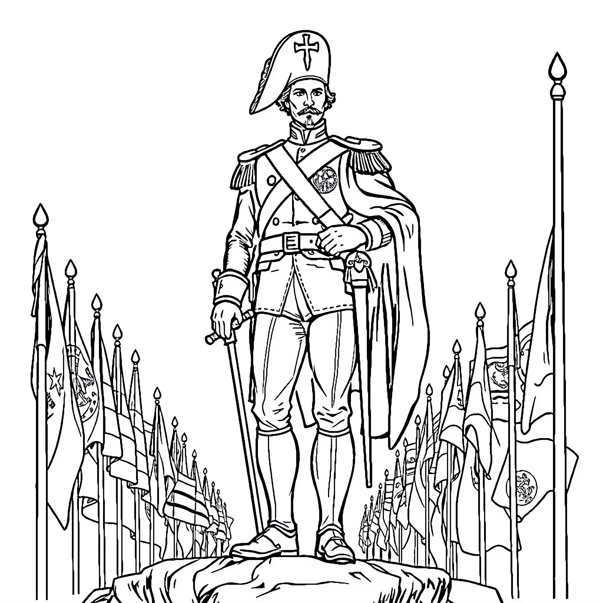 Simón Bolívar leading his troops in battle attire Coloring Page (free black-and-white line drawing printable PDF for all, from beginners to advanced learners, including children, teens, adults, and seniors)